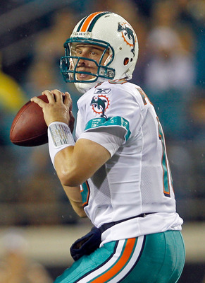 JACKSONVILLE, FL - AUGUST 21:  Quarterback Chad Pennington #10 of the Miami Dolphins attempts a pass during the preseason game against the Jacksonville Jaguars at EverBank Field on August 21, 2010 in Jacksonville, Florida.  (Photo by Sam Greenwood/Getty I