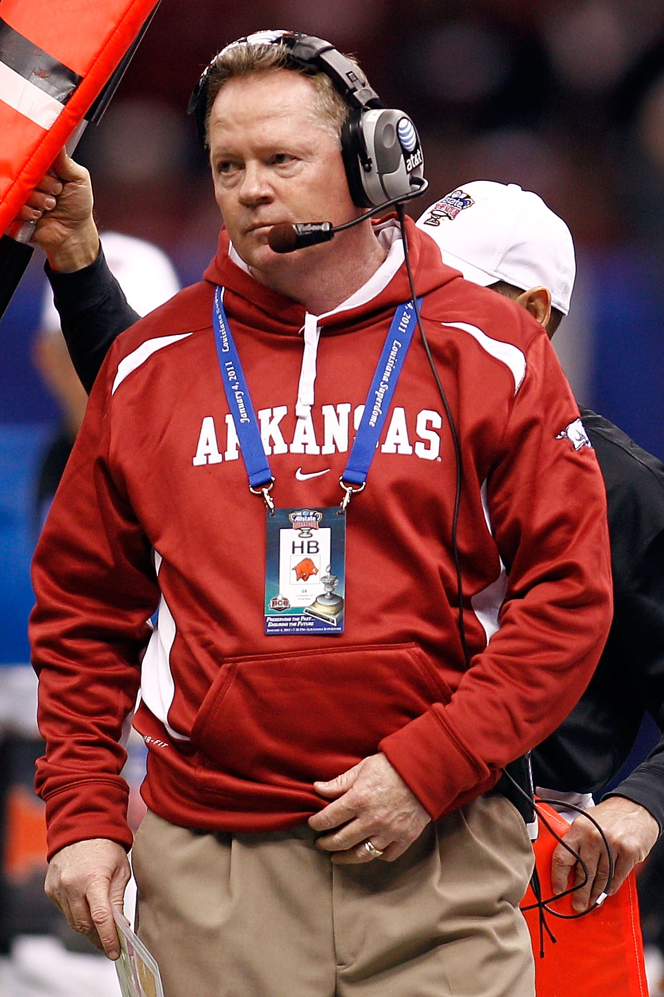 NEW ORLEANS, LA - JANUARY 04:  Head coach Bobby Petrino of the Arkansas Razorbacks reacts against the Ohio State Buckeyes during the Allstate Sugar Bowl at the Louisiana Superdome on January 4, 2011 in New Orleans, Louisiana.  (Photo by Chris Graythen/Get