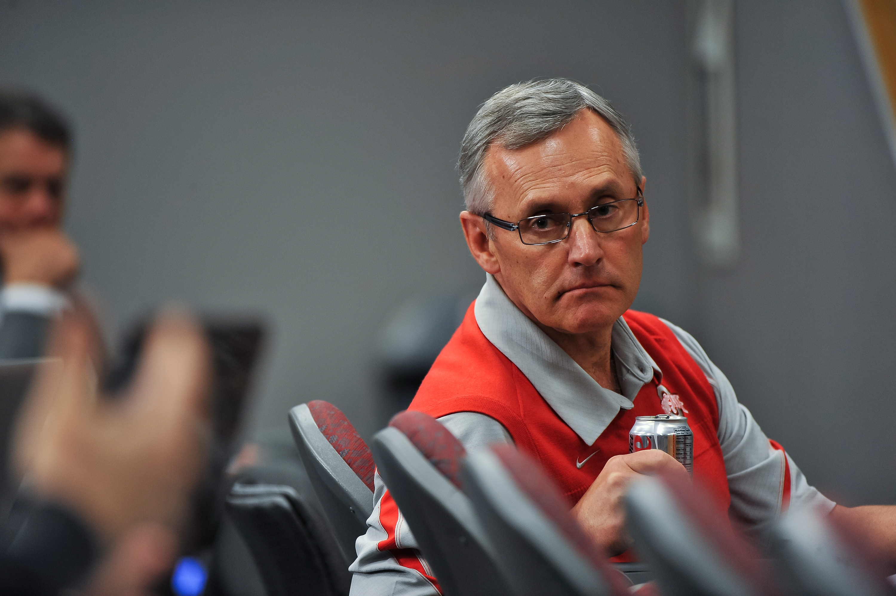 COLUMBUS, OH - MARCH 30: Head Coach Jim Tressel listens to a member of the media during a press conference before the start of Spring practices at the Woody Hayes Athletic Center at The Ohio State University on March 30, 2011 in Columbus, Ohio. (Photo by