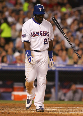 NEW YORK - JULY 15:  American League All-Star  Milton Bradley #21 of the Texas Rangers reacts after poping out in the sixth inning during the 79th MLB All-Star Game at Yankee Stadium on July 15, 2008 in the Bronx borough of New York City.  (Photo by Jim M