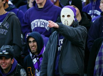 EVANSTON, IL - OCTOBER 31: A fan of the Northwestern Wildcats waers a mask on Halloween as the Wildcats take on the Penn State Nittany Lions at Ryan Field on October 31, 2009 in Evanston, Illinois. Penn State defeated Northwestern 34-13. (Photo by Jonatha