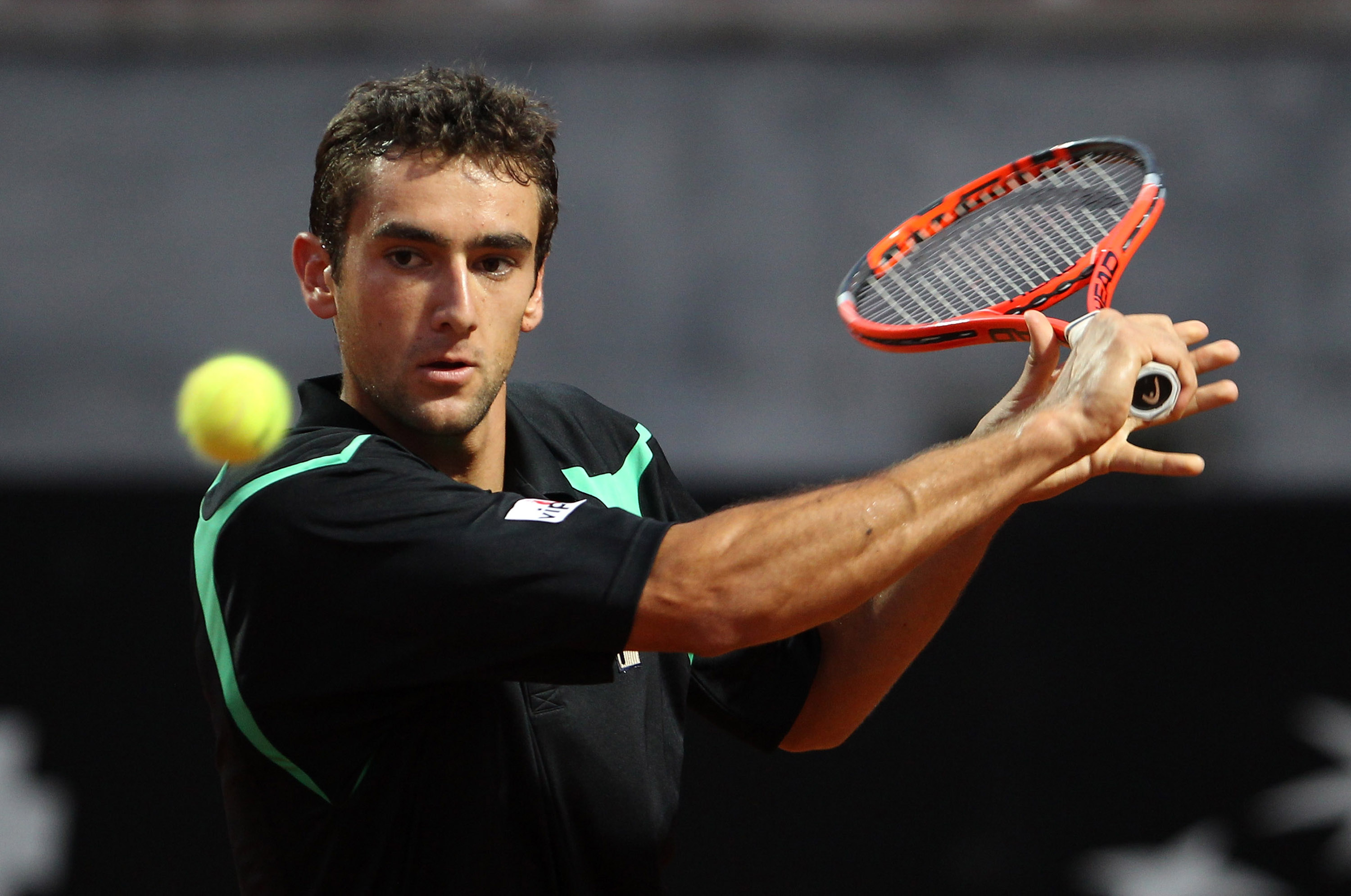 ROME - APRIL 28:  Marin Cilic of Croatia in action against Feliciano Lopez of Spain during day four of the ATP Masters Series - Rome at the Foro Italico Tennis Centre on April 28, 2010 in Rome, Italy.  (Photo by Julian Finney/Getty Images)