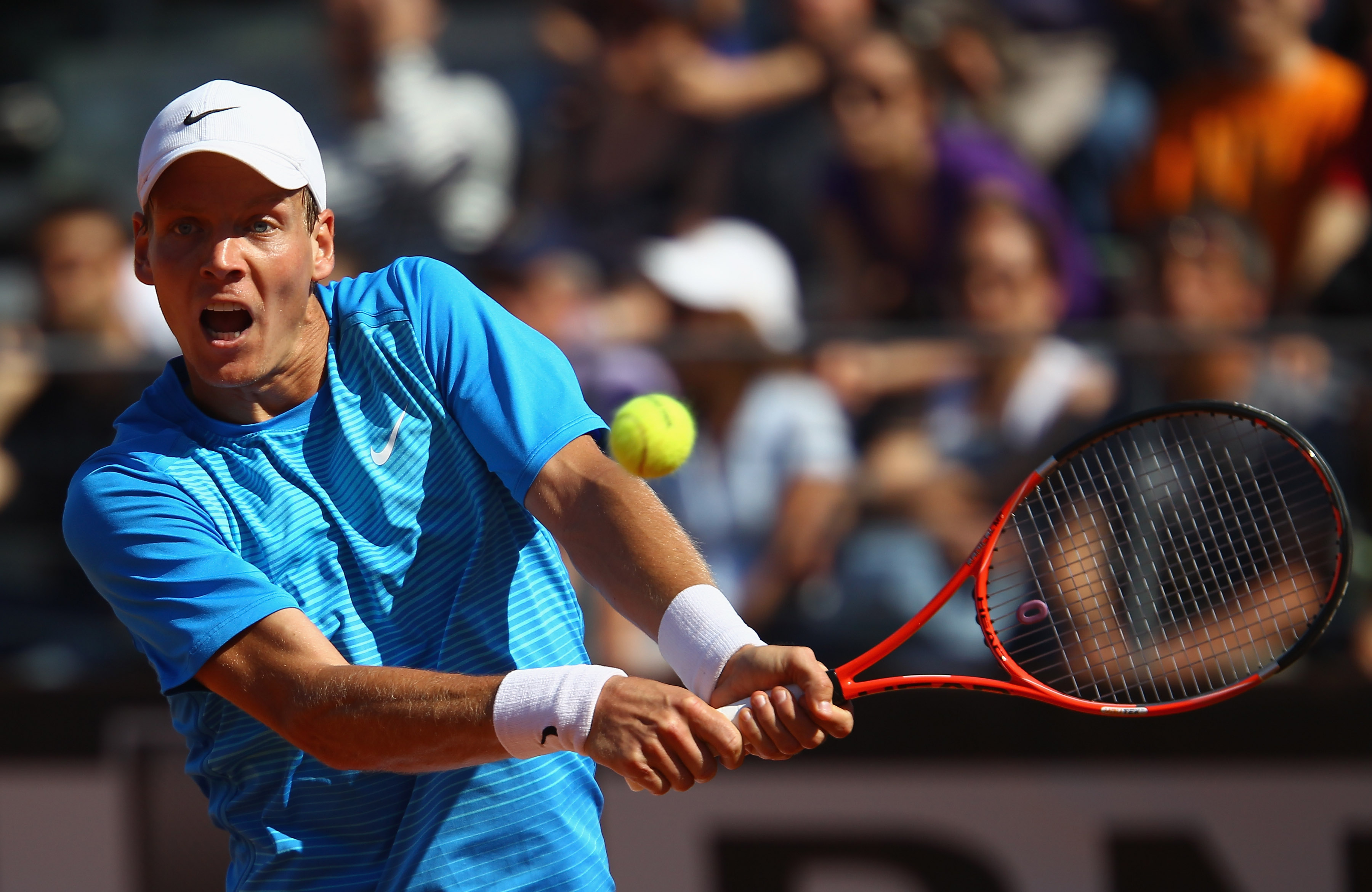 ROME, ITALY - MAY 10: Tomas Berdych of Czech Republic plays a backhand during his second round match against Juan Monaco of Argentina during day three of the Internazoinali BNL D'Italia at the Foro Italico Tennis Centre on May 10, 2011 in Rome, Italy. (