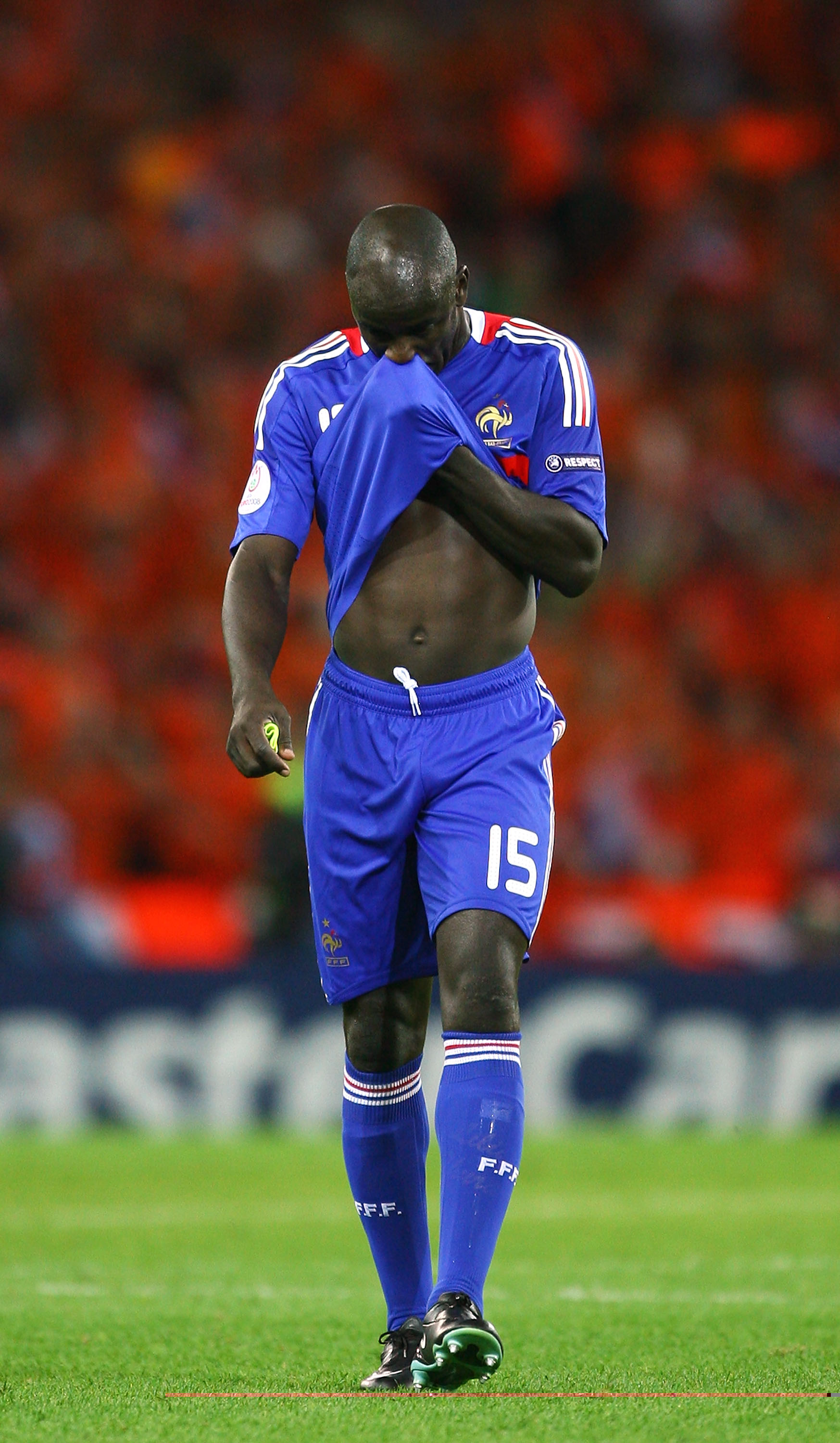 BERNE, SWITZERLAND - JUNE 13: Lilian Thuram of France looks dejected after defeat in the UEFA EURO 2008 Group C match between Netherlands and France at Stade de Suisse Wankdorf on June 13, 2008 in Berne, Switzerland.  (Photo by Bryn Lennon/Getty Images)