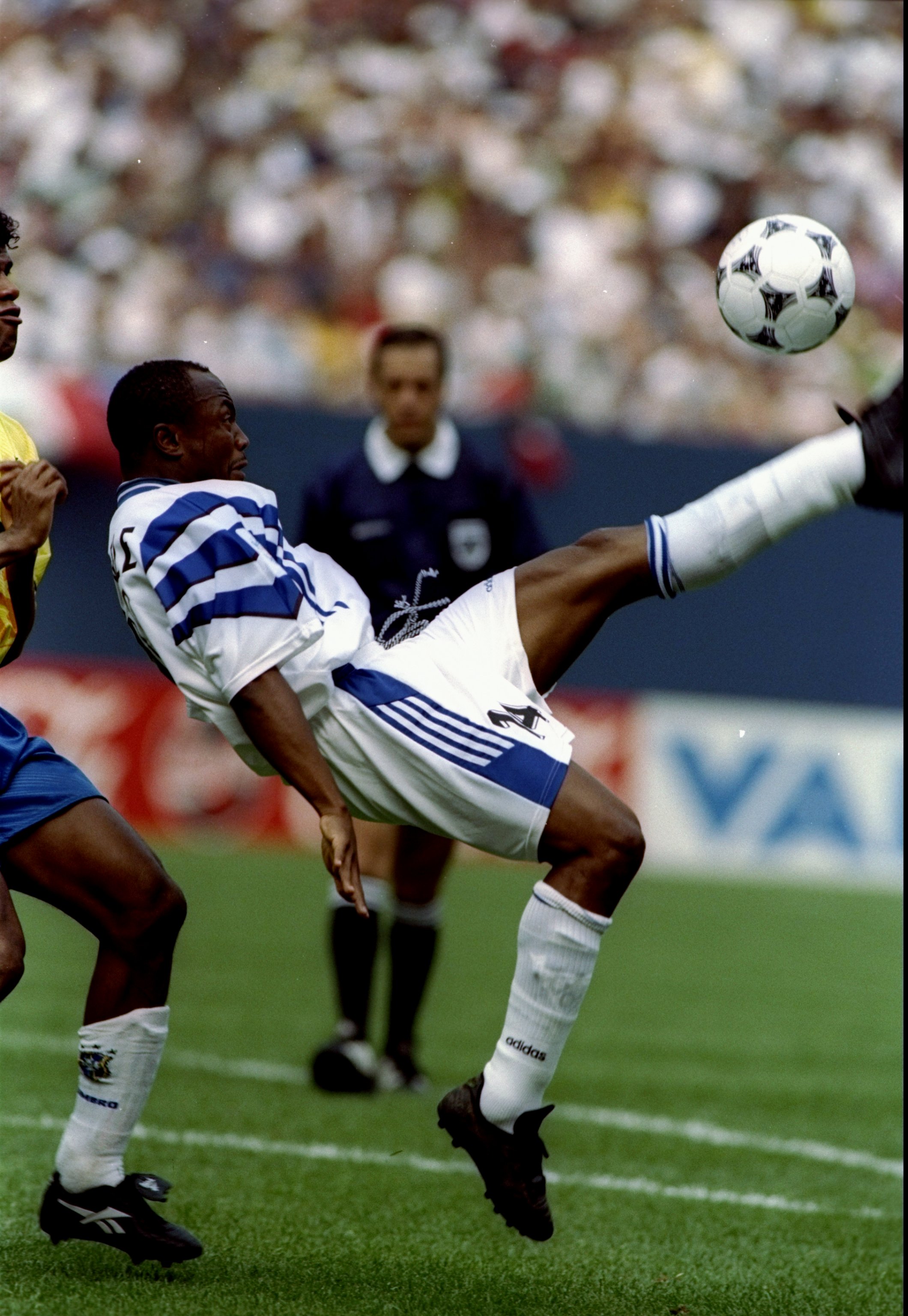 14 Jul 1996:  Abedi Pele of the FIFA Allstars kicks the ball during a game against Brazil at Giants Stadium in the Meadowlands in East Rutherford, New Jersey.  Brazil won the game 2-1. Mandatory Credit: Simon Bruty  /Allsport