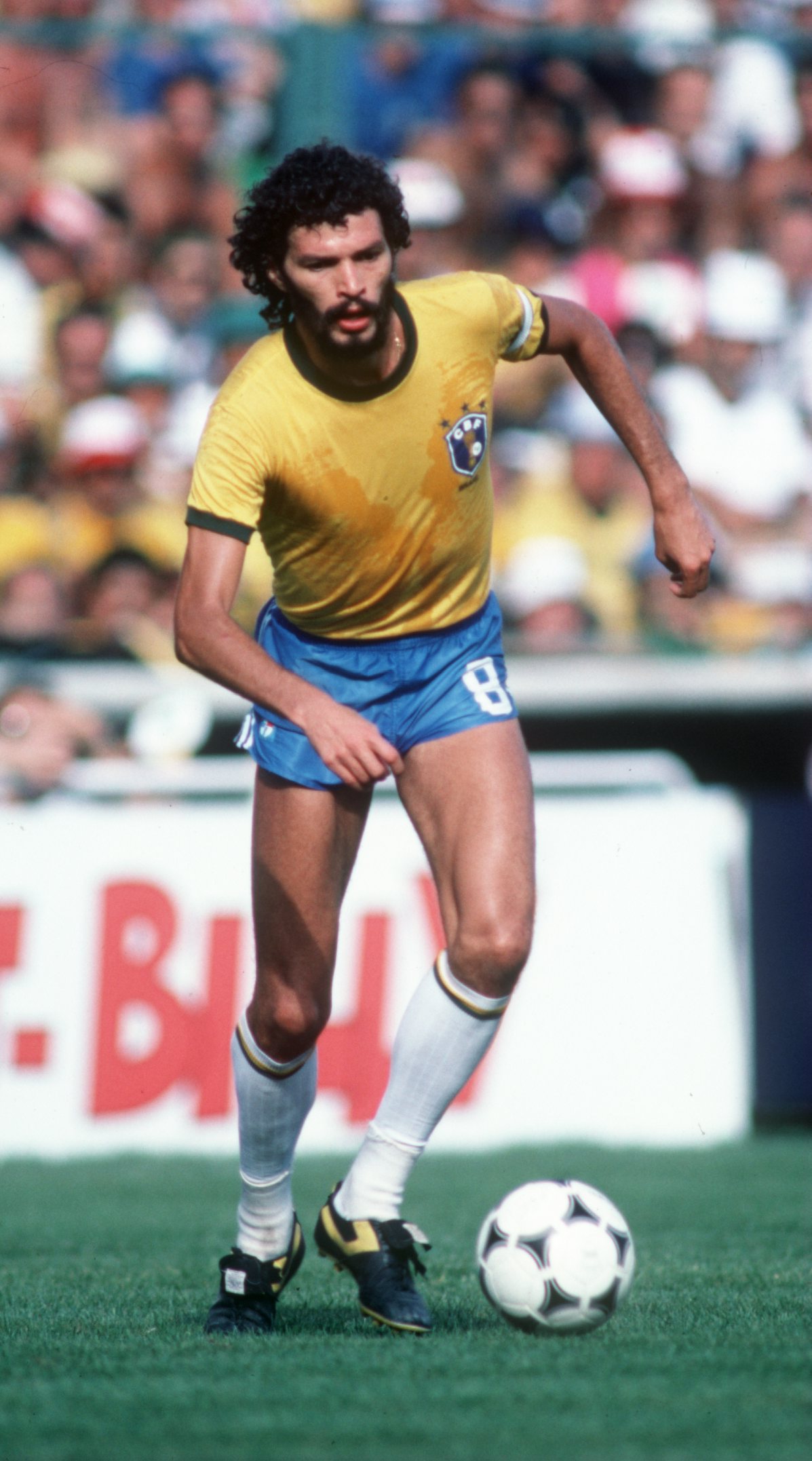 1982:  SOCRATES OF BRAZIL DURING THE 1982 WORLD CUP GAME IN SPAIN. Mandatory Credit: See Caption/ALLSPORT
