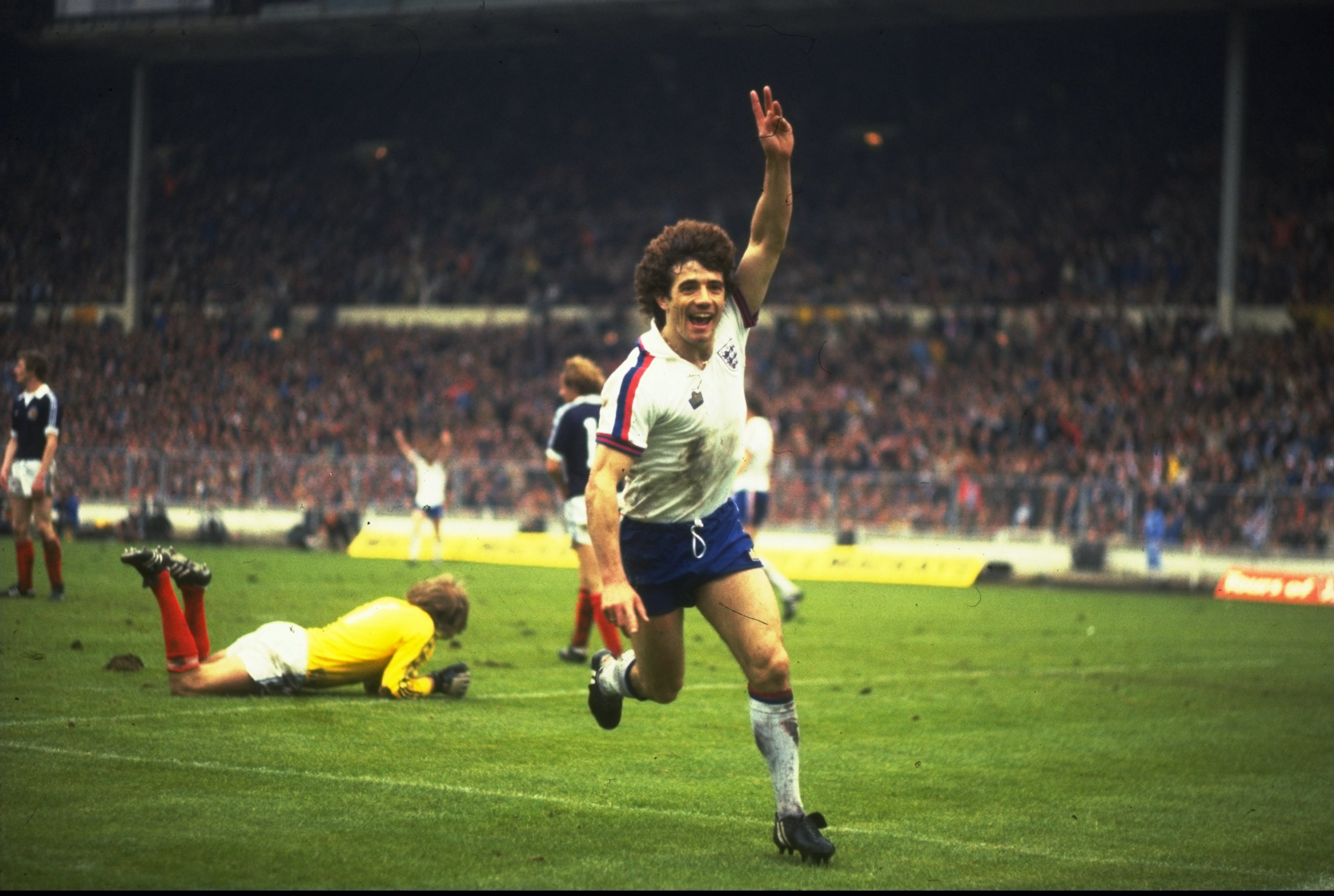 26 May 1979:  Kevin Keegan of England celebrates his goal during a match against Scotland at Wembley Stadium in London. England won the match 3-1. \ Mandatory Credit: Steve  Powell/Allsport