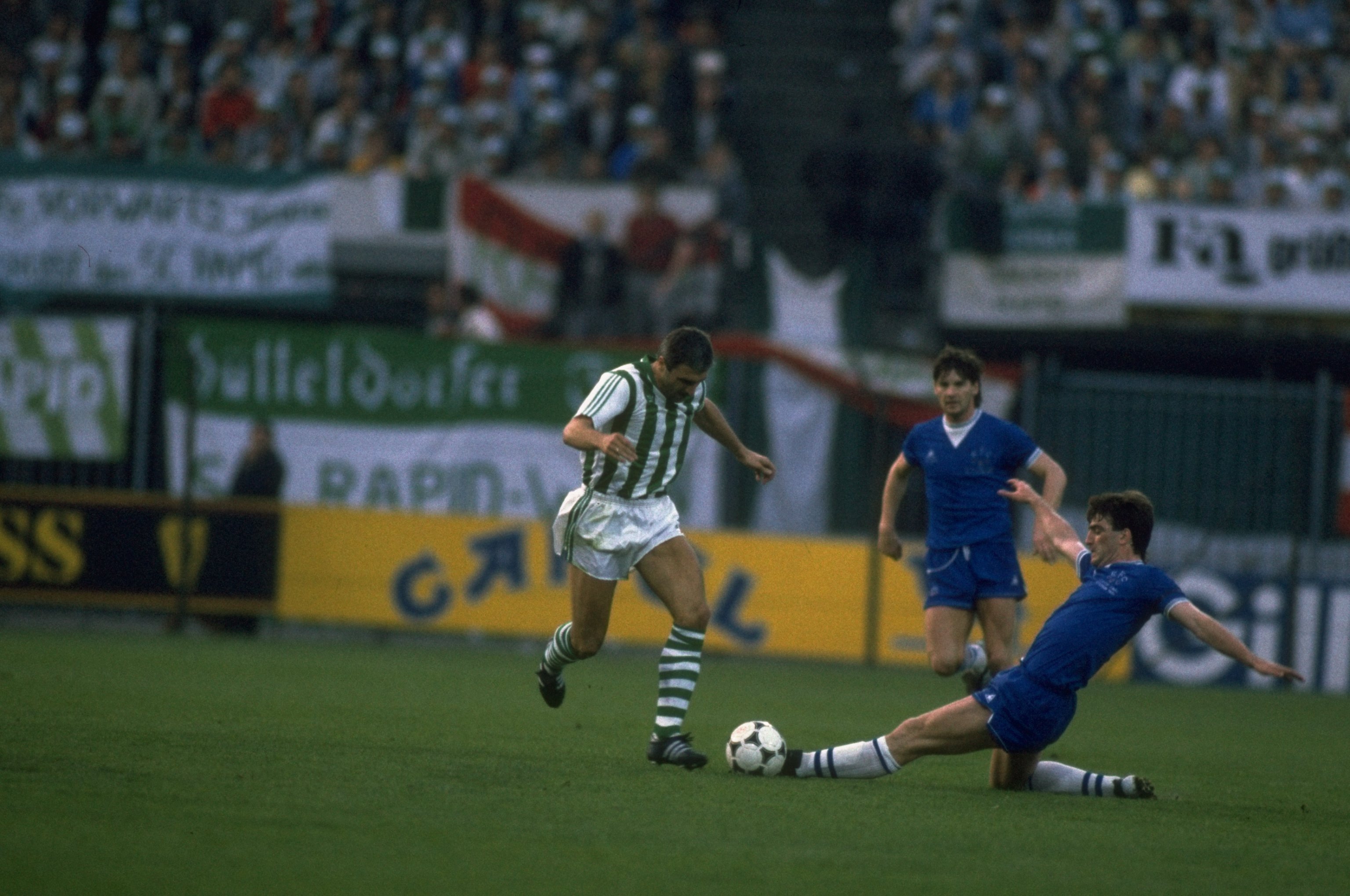 15 May 1985:  Kevin Ratcliffe (right) of Everton tackles Krankl (left) of Rapid Vienna during the European Cup Winners Cup Final at the Feyenoord Stadium in Rotterdam, Netherlands. Everton won the match 3-1. \ Mandatory Credit: David  Cannon/Allsport