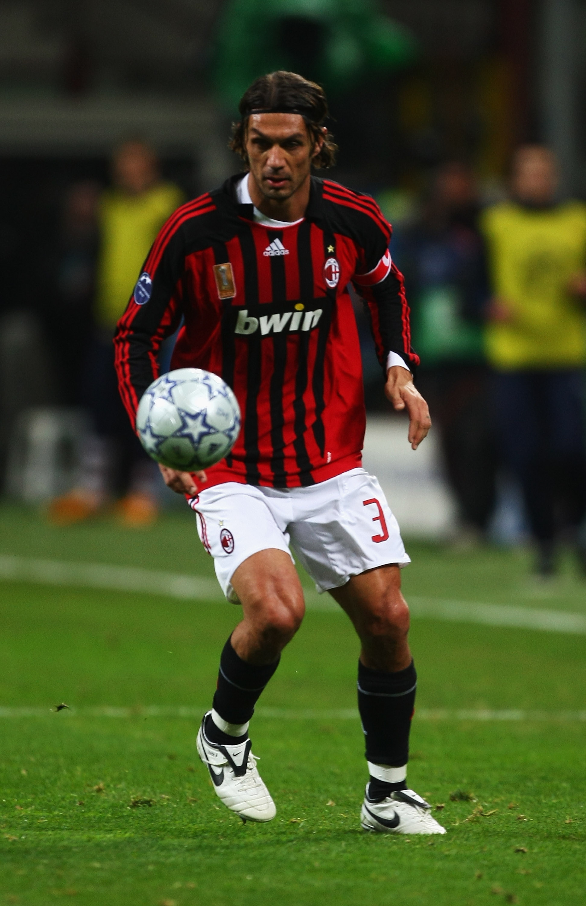 MILAN, ITALY - MARCH 04: Paolo Maldini of AC Milan in action  during the UEFA Champions League 1st knockout round 2nd leg match between AC Milan and Arsenal at the San Siro stadium on March 4, 2008 in Milan, Italy.  (Photo by Mike Hewitt/Getty Images)