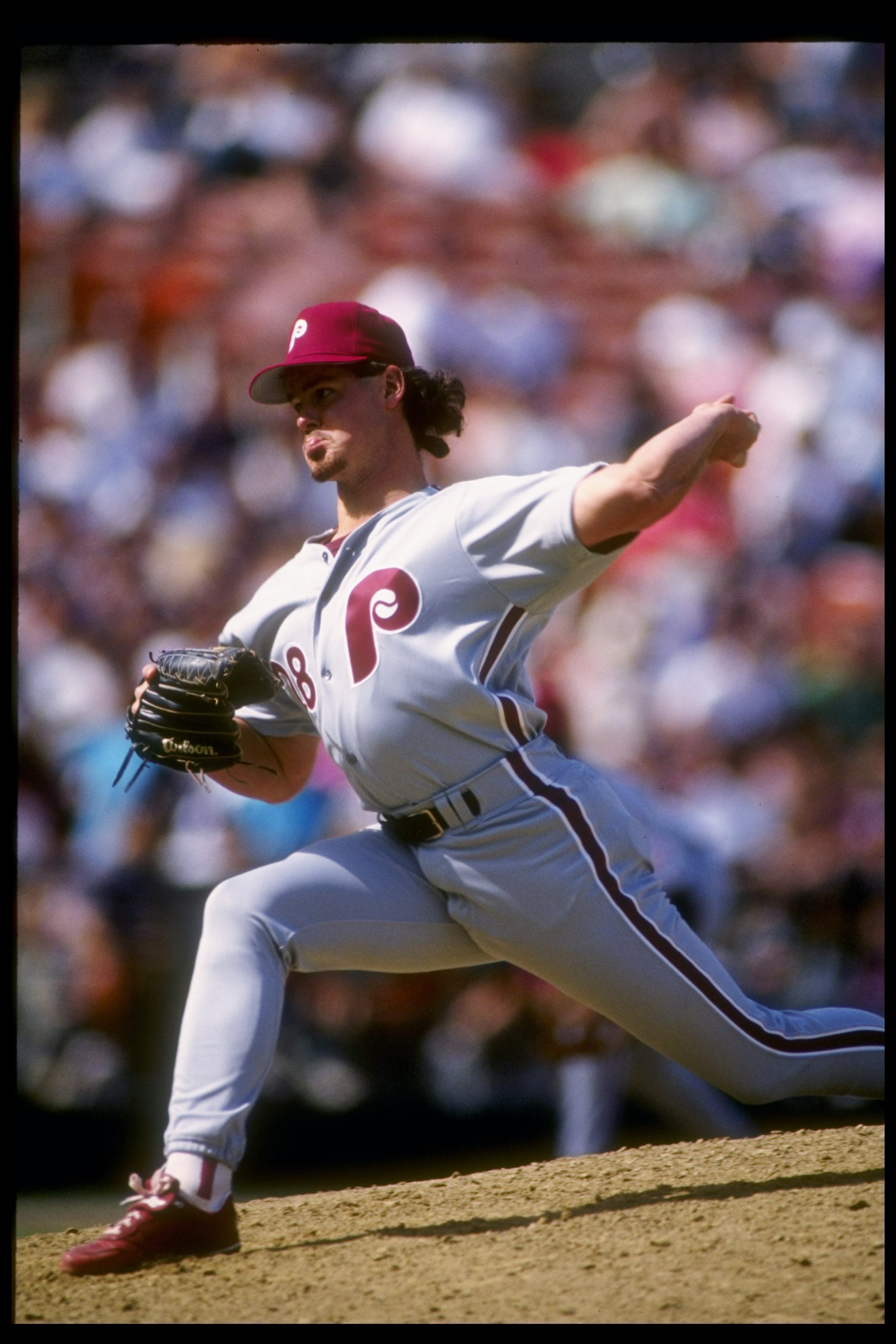 9 May 1991: Pitcher Mitch Williams of the Philadelphia Phillies throws a pitch during a game against the San Diego Padres at Jack Murphy Stadium in San Diego, California.