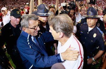 Penn State coach Joe Paterno and Alabama Coach Nick Saban