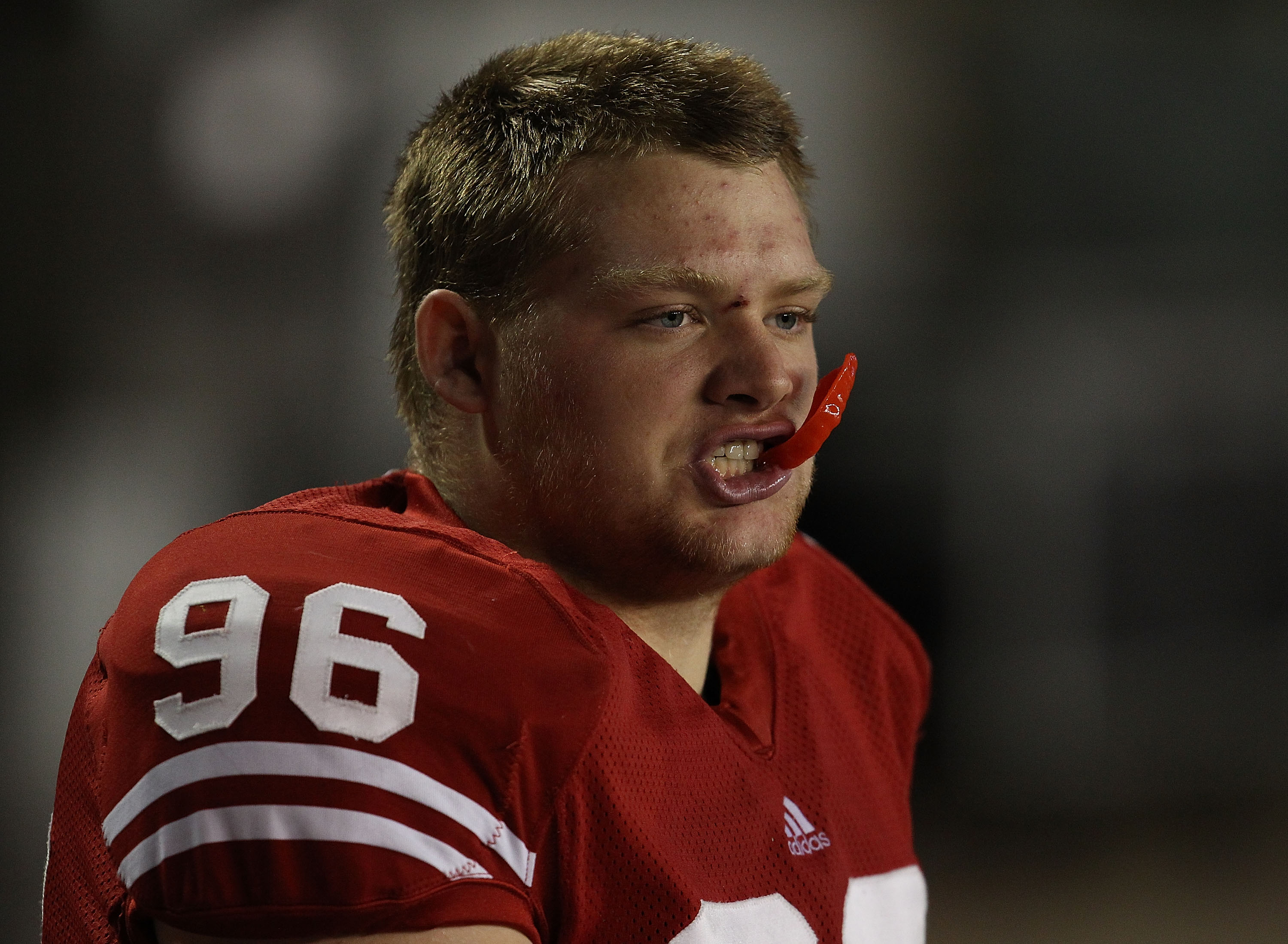 MADISON, WI - OCTOBER 16: Beau Allen #96 of the Wisconsin Badgers rests on the bench during a game against the Ohio State Buckeyes at Camp Randall Stadium on October 16, 2010 in Madison, Wisconsin. Wisconsin defeated Ohio State 31-18. (Photo by Jonathan D