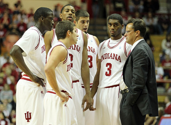 BLOOMINGTON, IN - NOVEMBER 23:  Tom Crean the Head Coach of the Indiana Hoosiers gives instructions to his team during the game against the North Carolina Central Eagles at Assembly Hall on November 23, 2010 in Bloomington, Indiana.  Indiana won 72-56.  (
