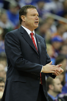 KANSAS CITY, MO - MARCH 12:  Head coach Bill Self of the Kansas Jayhawks looks on against the Texas Longhorns during the 2011 Phillips 66 Big 12 Men's Basketball Tournament championship game at Sprint Center on March 12, 2011 in Kansas City, Missouri.  (P