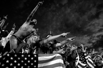 SANDY, UT - SEPTEMBER 05:  (ATTENTION EDITORS: PHOTO CONVERTED TO BLACK AND WHITE) United States fans celebrate during the FIFA 2010 World Cup Qualifier match between the United States and El Salvador at Rio Tinto Stadium on September 5, 2009 in Sandy, Ut