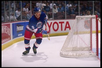 2 Oct 1996:  Right-winger Teemu Selanne of the Anaheim Mighty Ducks moves around the net during a game against the Winnipeg Jets played at Arrowhead Pond in Anaheim, California.  The Mighty Ducks won the game, 6-2. Mandatory Credit: Glenn Cratty  /Allsp