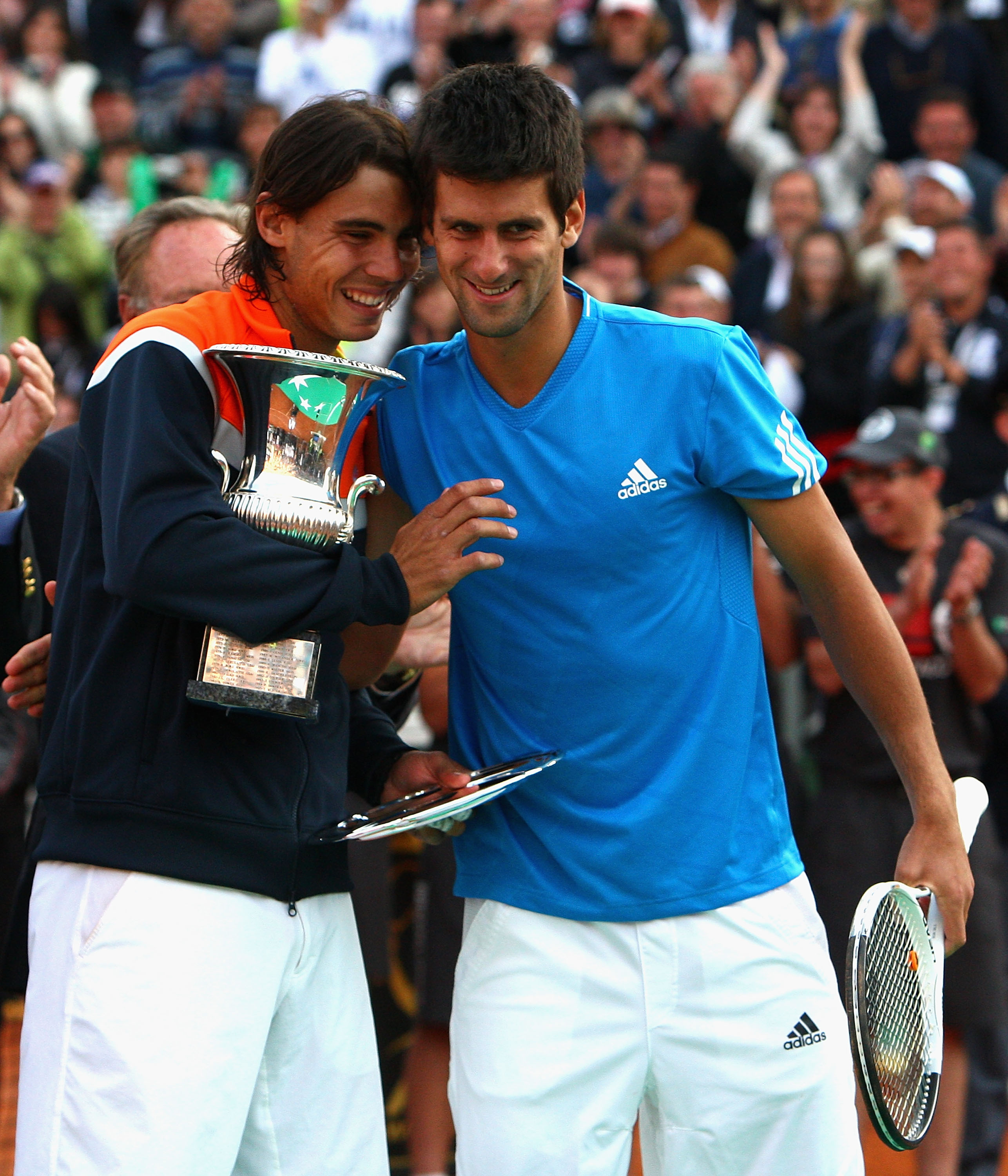 ROME - MAY 03:  Rafael Nadal (L) of Spain and Novak Djokovic (R) of Serbia share a joke after their Final match during day seven of the Foro Italico Tennis Masters on May 3, 2009 in Rome, Italy.  (Photo by Ryan Pierse/Getty Images)