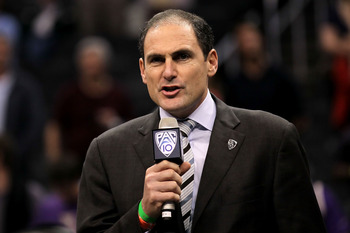 LOS ANGELES, CA - MARCH 12:  Pac-10 Commissioner Larry Scott addresses the crowd after the championship game of the 2011 Pacific Life Pac-10 Men's Basketball Tournament between the Arizona Wildcats and the Washington Huskies at Staples Center on March 12,