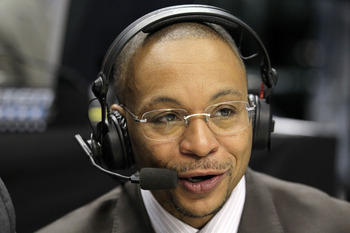 INDIANAPOLIS, IN - MARCH 10:  Big Ten Network announcer Gus Johnson calls the game between the Penn State Nittany Lions and the Indiana Hoosiers during the first round of the 2011 Big Ten Men's Basketball Tournament at Conseco Fieldhouse on March 10, 2011
