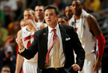DENVER, CO - MARCH 17:  Head coach Rick Pitino of the Louisville Cardinals gestures from the sidelines against the Morehead State Eagles during the second round of the 2011 NCAA men's basketball tournament at Pepsi Center on March 17, 2011 in Denver, Colo
