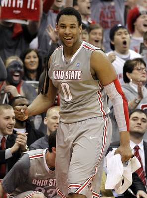 COLUMBUS, OH - MARCH 06:  Jared Sullinger #0 of the Ohio State Buckeyes reacts from the bench while playing the Wisconsin Badgers on March 6, 2011 at the Value City Arena in Columbus, Ohio. Ohio State won the game 93-65.  (Photo by Gregory Shamus/Getty Im