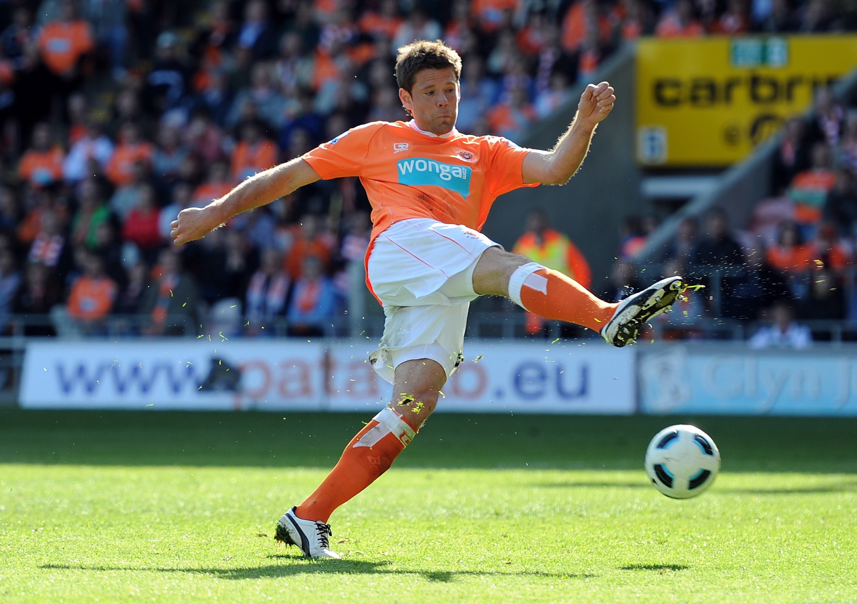 BLACKPOOL, ENGLAND - APRIL 16: James Beattie of Blackpool in action during the Barclays Premier League match between Blackpool and Wigan Athletic at Bloomfield Road on April 16, 2011 in Blackpool, England. (Photo by Chris Brunskill/Getty Images)
