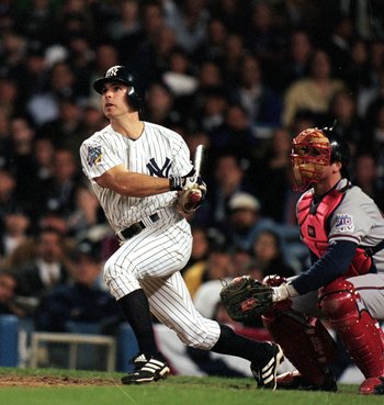 26 Oct 1999: Chad Curtis #28 of the New York Yankees hit the winning home run during the World Series Game three against the Atlanta Braves at Yankee Stadium in the Bronx, New York. The Yankees defeated the Braves 6-5.