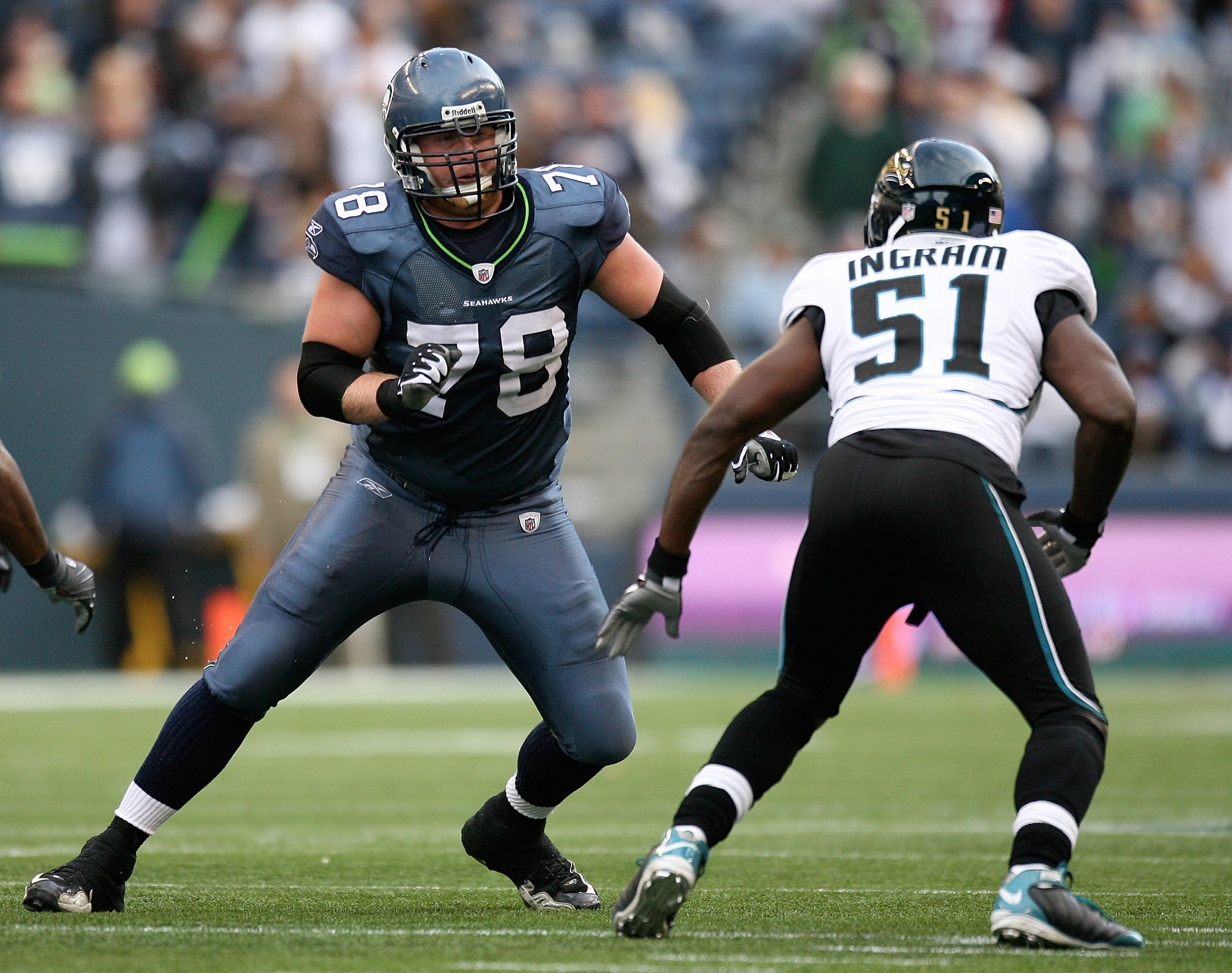 SEATTLE - OCTOBER 11: Offensive tackle Kyle Williams #78 of the Seattle Seahawks pass blocks against Clint Ingram #51 of the Jacksonville Jaguars on October 11, 2009 at Qwest Field in Seattle, Washington. The Seahawks defeated the Jaguars 41-0. (Photo by