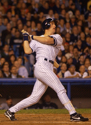 22 Oct 2001:  Paul O''Neill #21 of the New York Yankees hits a single to load the bases in the bottom of the sixth inning during game Game 5 of the American League Championship Series between the Seattle Mariners and the New York Yankees at Yankee Stadium