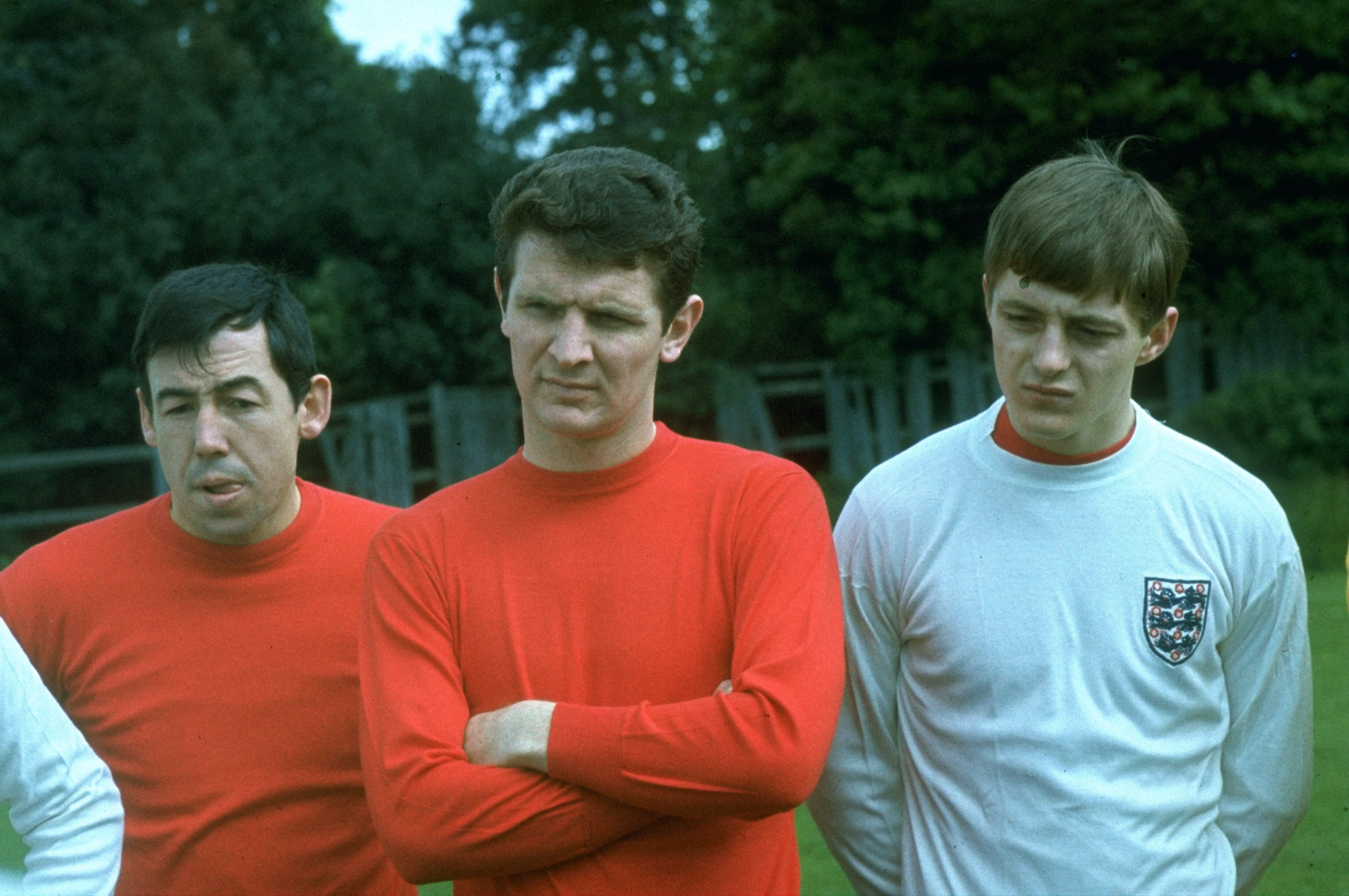 1970: Portrait of (left to right) Gordon Banks, Brian Labone and Allan Clarke of England during a training session. \ Mandatory Credit: Allsport UK /Allsport