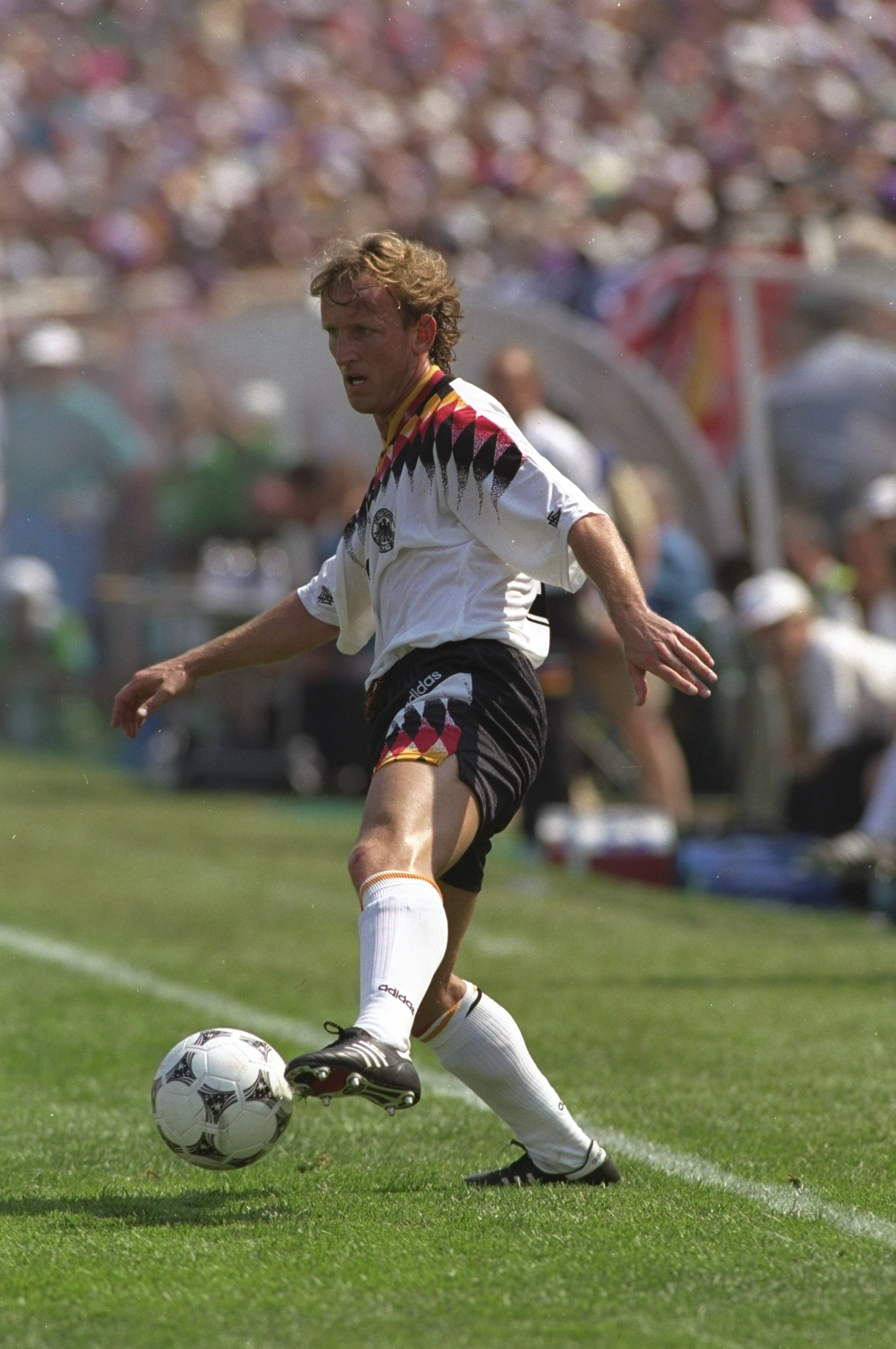 17 Jun 1994:  Andreas Brehme of Germany in action during the World Cup match against Bolivia at Soldier Field in Chicago, USA. Germany won the match 1-0. \ Mandatory Credit: David  Cannon/Allsport