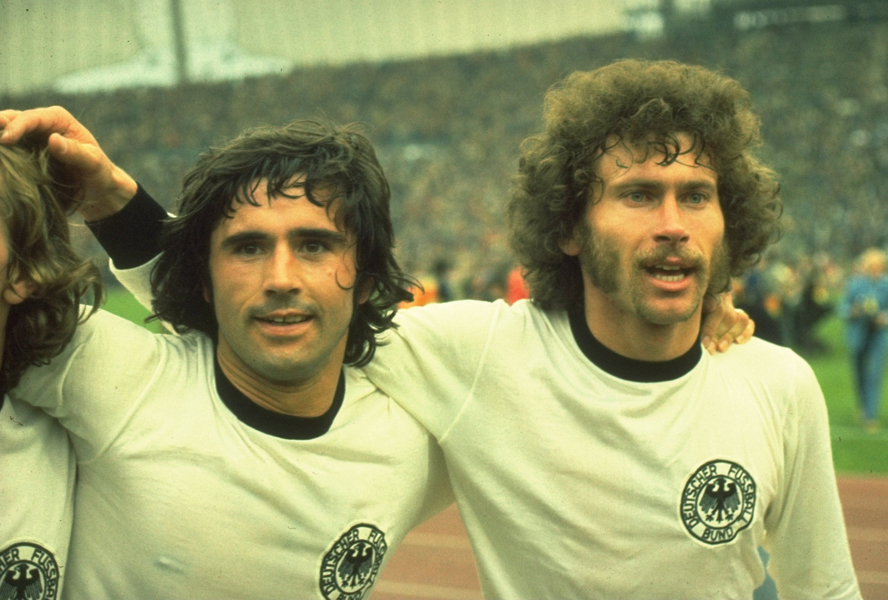 7 July 1974: Gerd Muller (left) and Breitner (right) of West Germany celebrate after they win the World Cup Final against Holland at the Olympic Stadium in Munich, Germany. West Germany won the match 2-1. \ Mandatory Credit: Allsport UK /Allsport