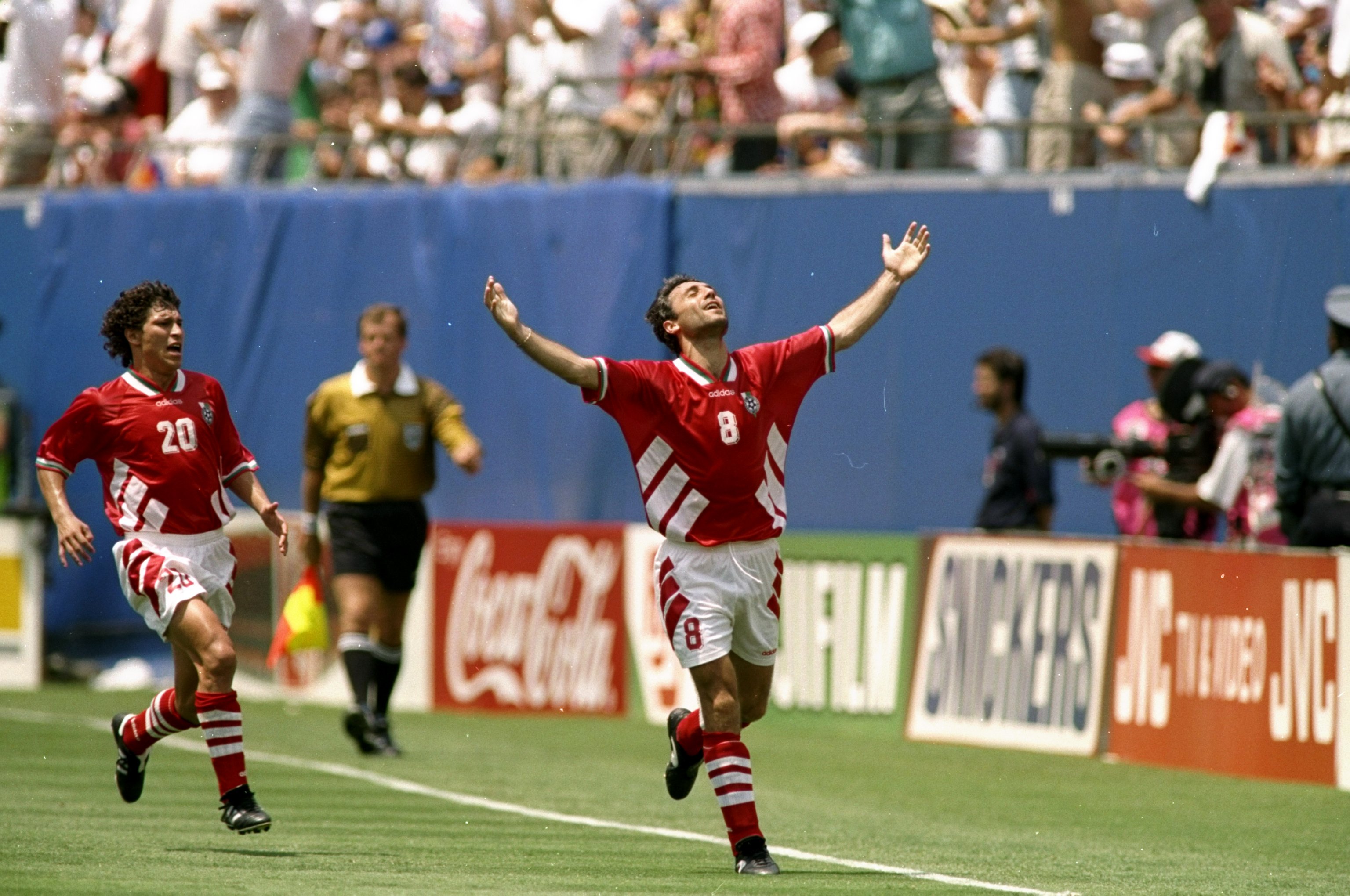 10 Jul 1994: Hristo Stoichkov of Bulgaria celebrates their first goal during the World Cup quarter-final against Germany at the Giants Stadium in New York, USA. Bulgaria won the match 2-1. \ Mandatory Credit: Rick Stewart/Allsport