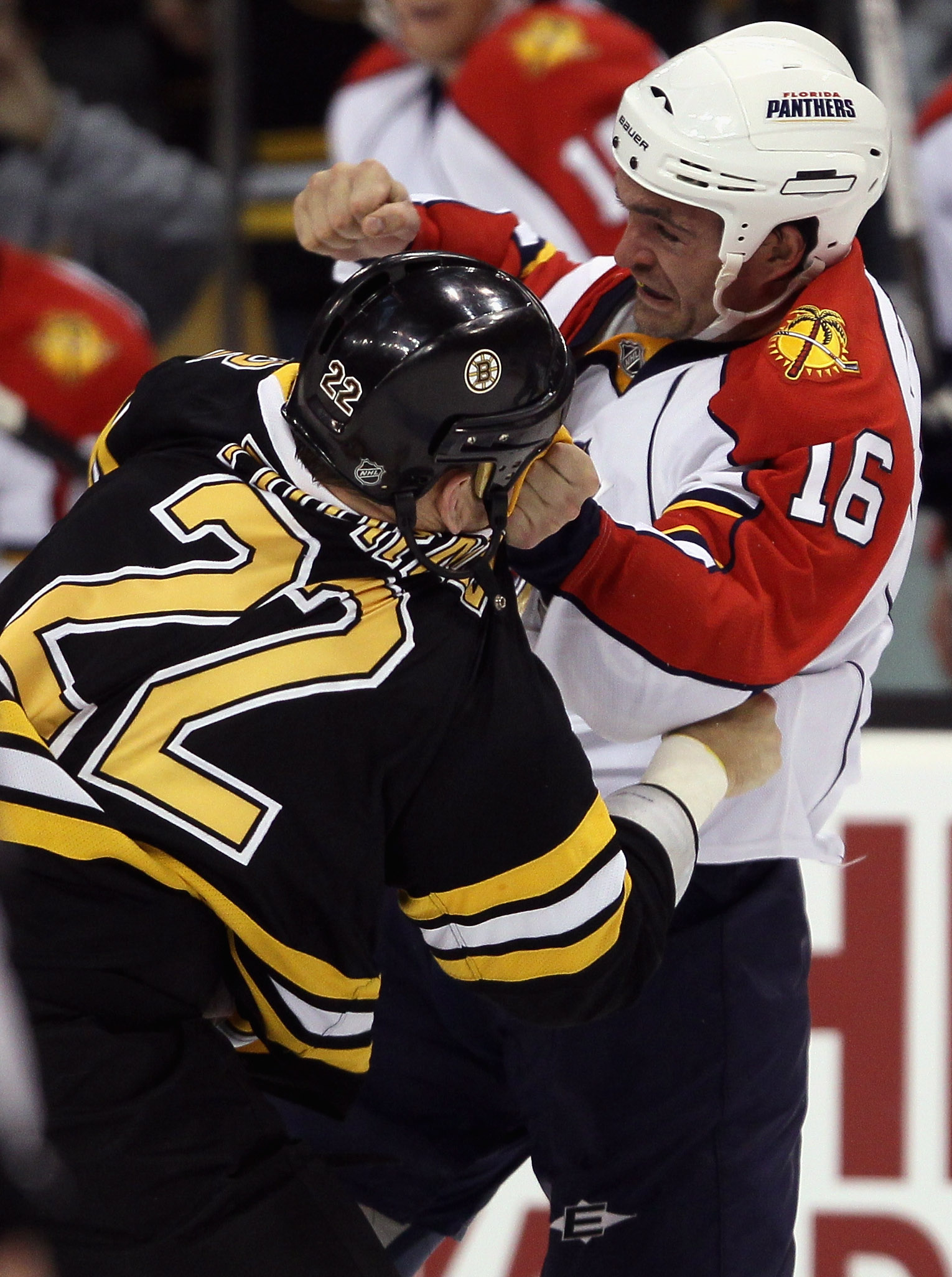 BOSTON - NOVEMBER 18:  Shawn Thornton #22 of the Boston Bruins and Darcy Hordichuk #16 of the Florida Panther exchange punches on November 18, 2010 at the TD Garden in Boston, Massachusetts.  (Photo by Elsa/Getty Images)