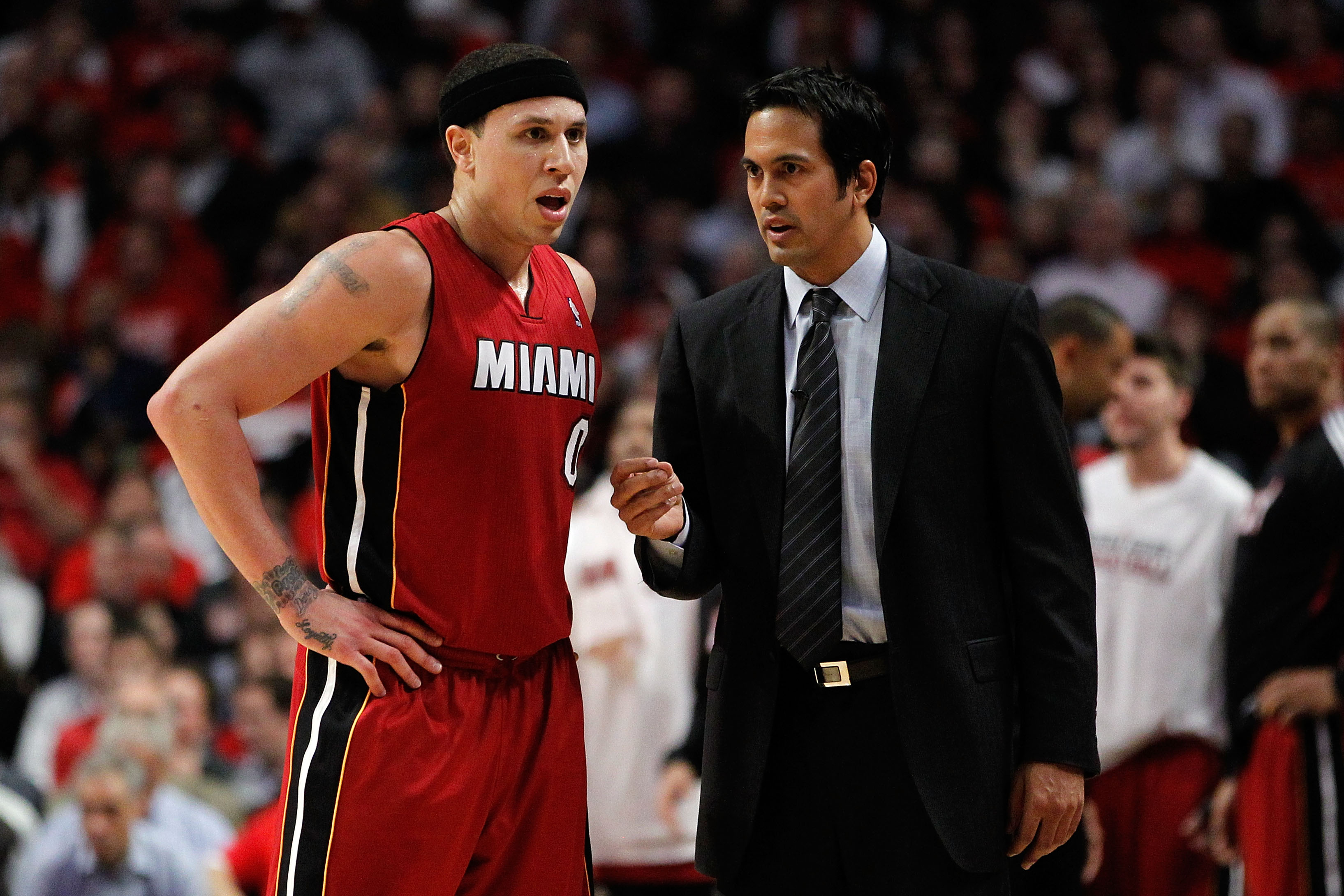 CHICAGO, IL - MAY 18: (L-R) Mike Bibby #0 and head coach Erik Spoelstra of the Miami Heat against the Chicago Bulls in Game Two of the Eastern Conference Finals during the 2011 NBA Playoffs on May 18, 2011 at the United Center in Chicago, Illinois. NOTE