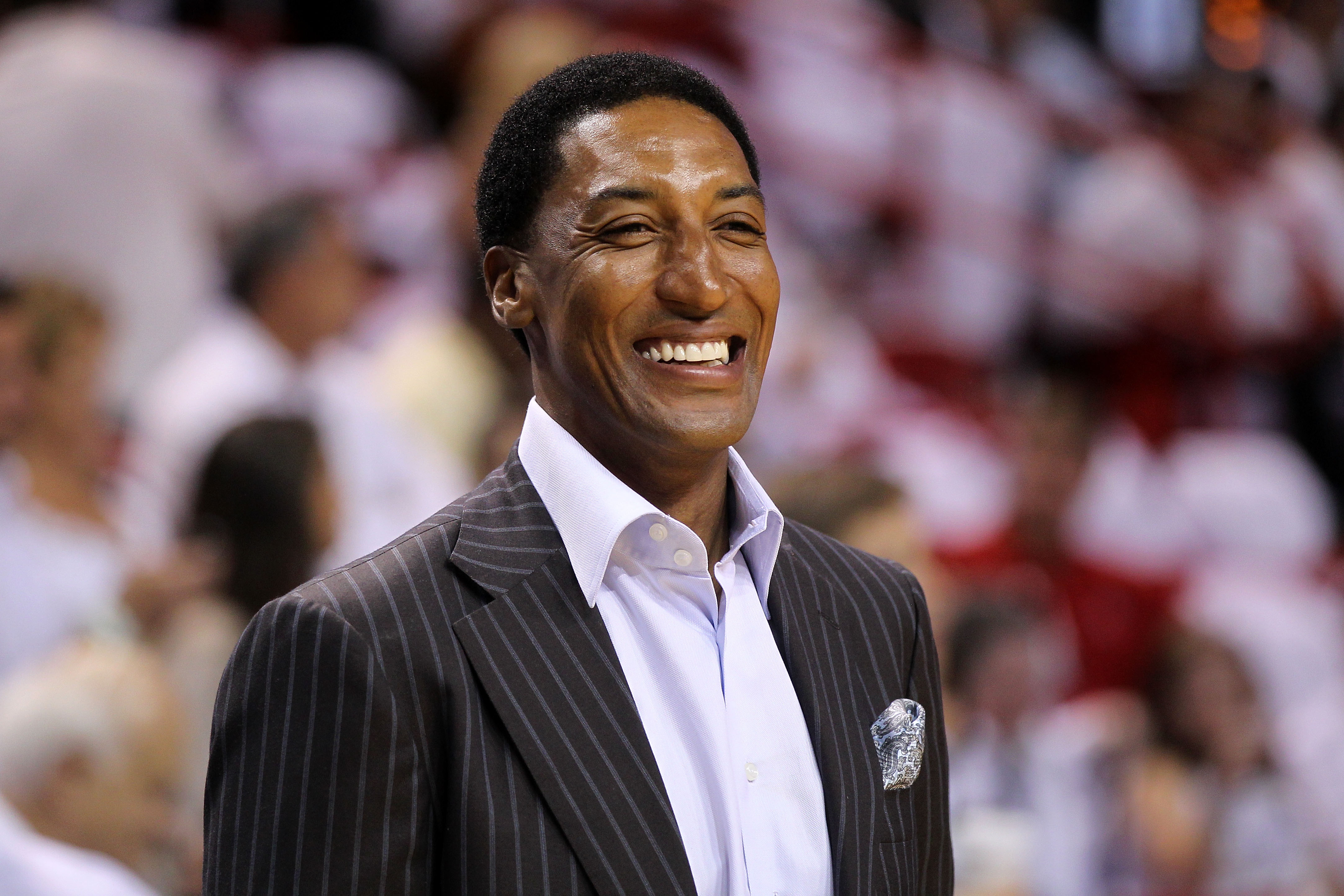 MIAMI, FL - MAY 22:  Former Chicago Bull Scottie Pippen looks on as the Chicago Bulls play against the Miami Heat in Game Three of the Eastern Conference Finals during the 2011 NBA Playoffs on May 22, 2011 at American Airlines Arena in Miami, Florida.  NO