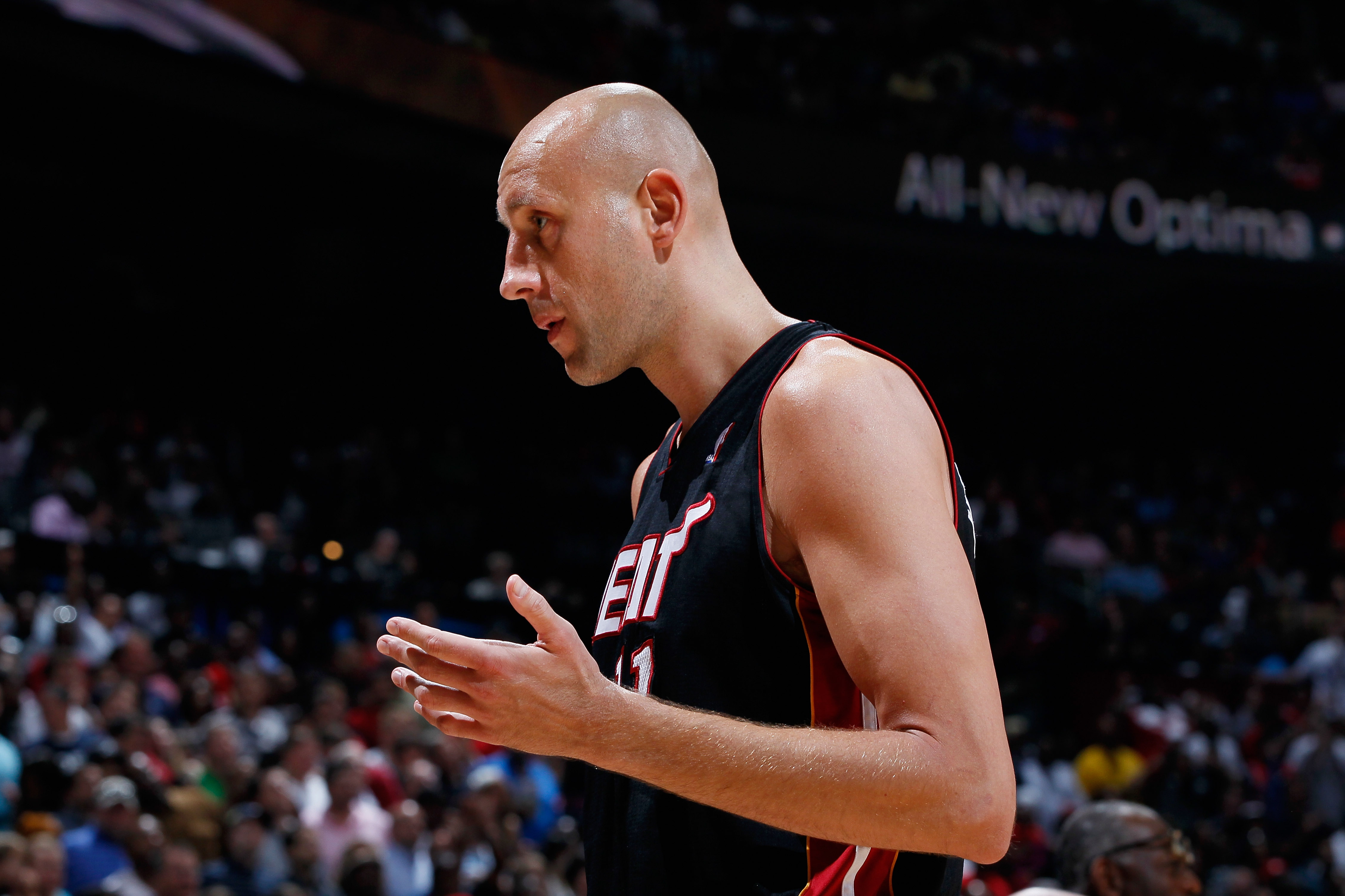 ATLANTA, GA - APRIL 11:  Zydrunas Ilgauskas #11 of the Miami Heat walks off the court after being ejected for a technical foul against the Atlanta Hawks at Philips Arena on April 11, 2011 in Atlanta, Georgia.  NOTE TO USER: User expressly acknowledges and