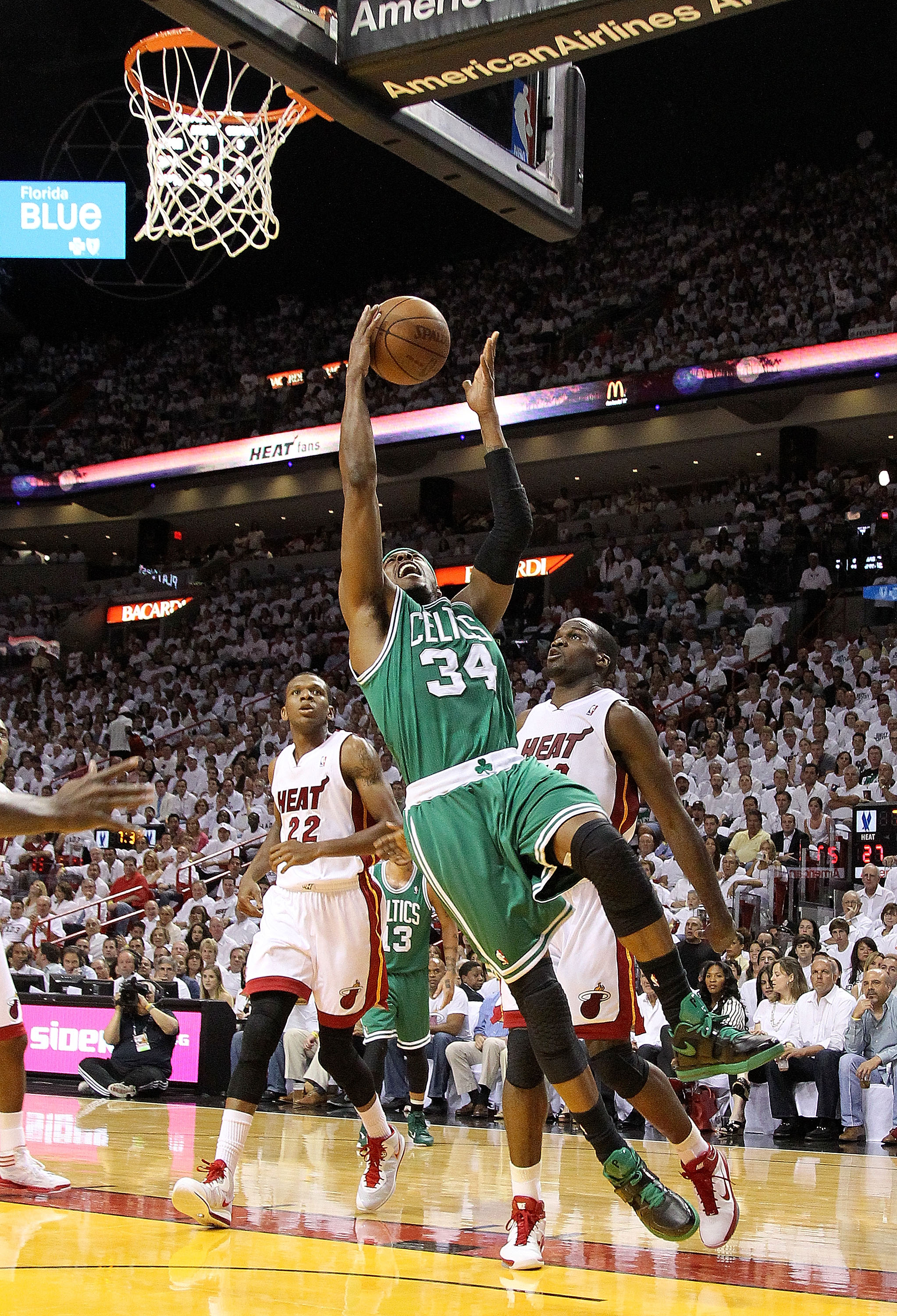 MIAMI, FL - MAY 11:  Paul Pierce #34 of the Boston Celtics drives against Joel Anthony #50 of the Miami Heat during Game Five of the Eastern Conference Semifinals of the 2011 NBA Playoffs at American Airlines Arena on May 11, 2011 in Miami, Florida. NOTE