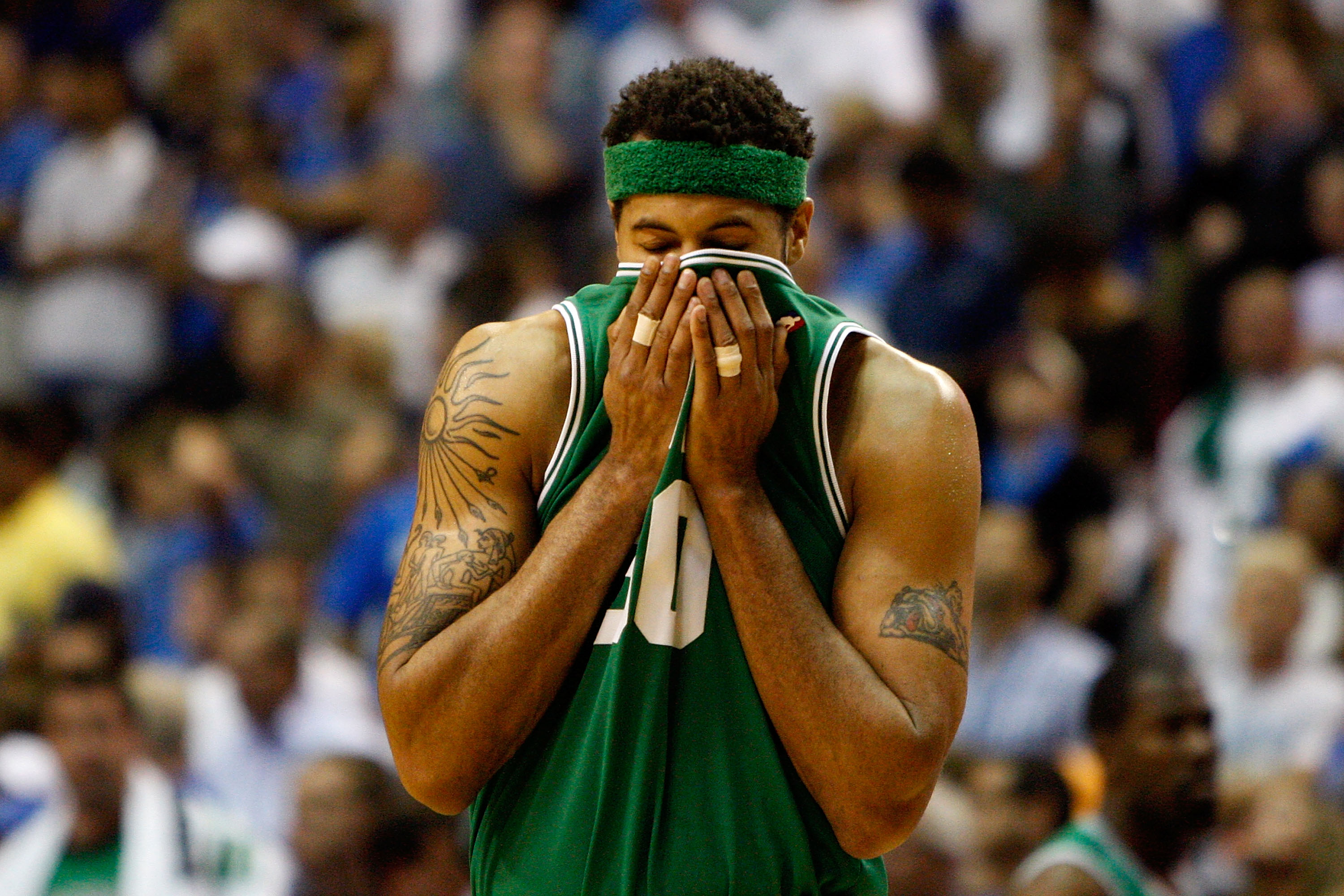 ORLANDO, FL - MAY 26:  Rasheed Walalce #30 of the Boston Celtics wipes his face with his jersey against the Orlando Magic in Game Five of the Eastern Conference Finals during the 2010 NBA Playoffs at Amway Arena on May 26, 2010 in Orlando, Florida.  NOTE