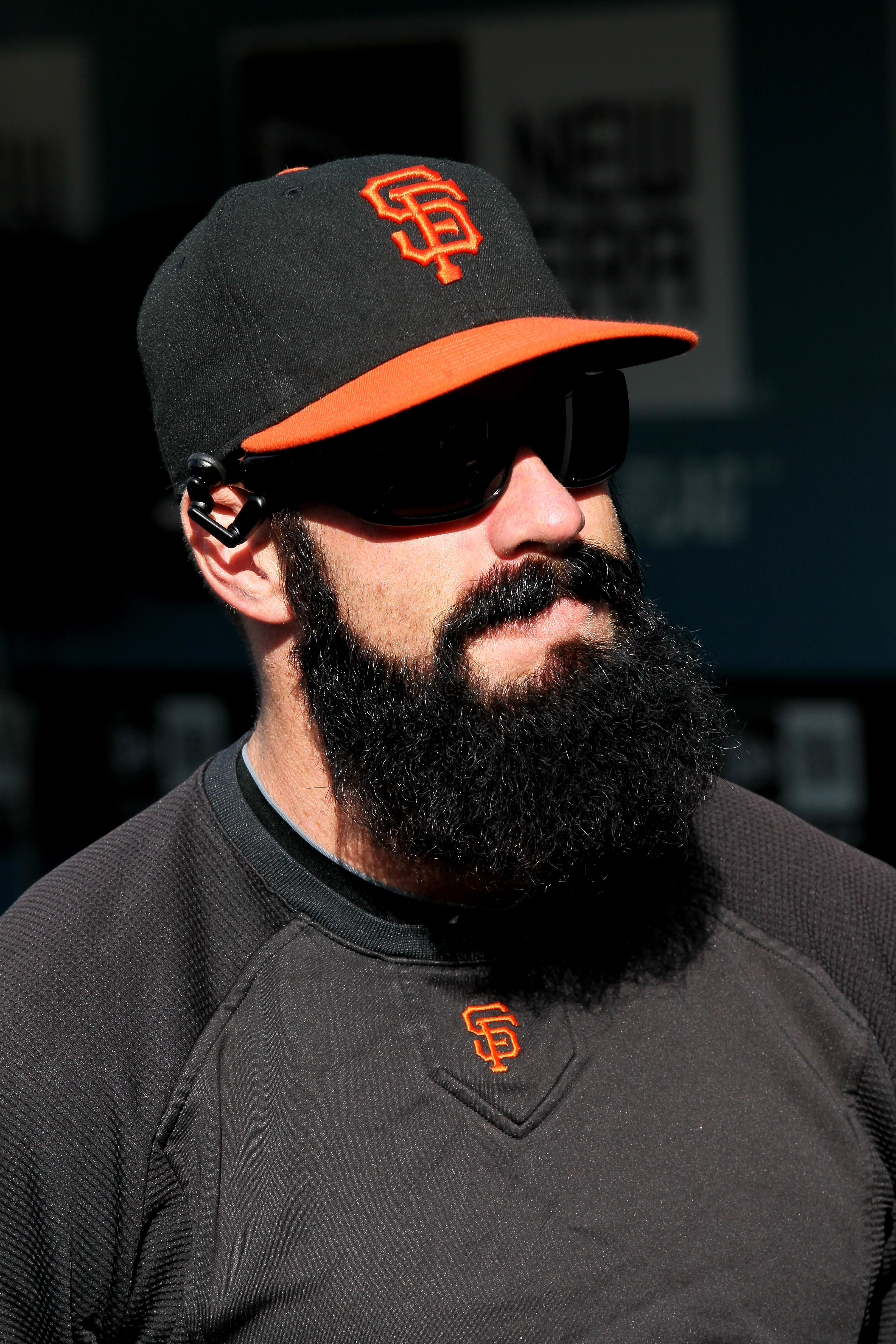 LOS ANGELES, CA - MAY 18:  Closer Brian Wilson #38 of the San Francisco Giants stands in the dugout before the game with the Los Angeles Dodgers on May 18, 2011 at Dodger Stadium in Los Angeles, California.  (Photo by Stephen Dunn/Getty Images)