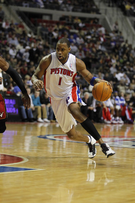 AUBURN HILLS, MI - FEBRUARY 11:  Tracy McGrady #1 of the Detroit Pistons controls the ball while playing the Miami Heat at The Palace of Auburn Hills on February 11, 2011 in Auburn Hills, Michigan. Miami won the game 106-92.  (Photo by Gregory Shamus/Gett