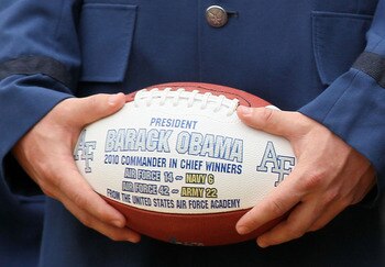 WASHINGTON - APRIL 18: Fullback Jared Tew holds a football as U.S. President Barack Obama hosts the Air Force Academy football team at the Rose Garden April 18, 2011 at the White House in Washington, DC. President Obama hosted the Air Force Academy footb