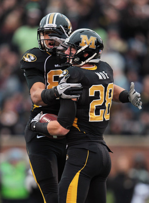 COLUMBIA, MO - NOVEMBER 13:  Michael Egnew #82  of the Missouri Tigers congratulates T.J.Moe #28 with a chest bump after Moe scored a touchdown during the game against the Kansas State Wildcats on November 13, 2010 at Faurot Field/Memorial Stadium in Colu