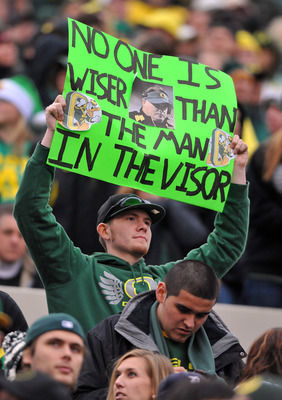 CORVALLIS, OR - DECEMBER 4: An Oregon Ducks fan holds up a sign featuring head coach Chip Kelly of the Oregon Ducks in the fourth quarter of the game against the the Oregon State Beavers at Reser Stadium on December 4, 2010 in Corvallis, Oregon. The Ducks