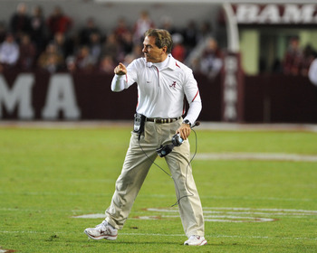 TUSCALOOSA, AL - NOVEMBER 13: Coach Nick Saban of the Alabama Crimson Tide directs play against the Mississippi State Bulldogs November 13, 2010 at Bryant-Denny Stadium in Tuscaloosa, Alabama.  (Photo by Al Messerschmidt/Getty Images)