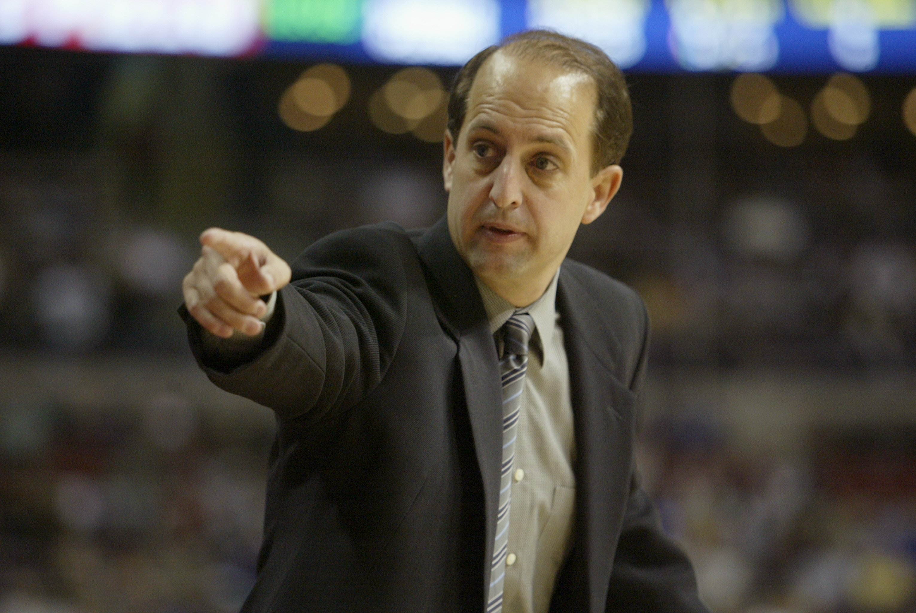AUBURN HILLS, MI - NOVEMBER 2:  Head coach Jeff Van Gundy of the Houston Rockets points during the game against the Detroit Pistons at The Palace of Auburn Hills on November 2, 2004 in Auburn Hills, Michigan.  The Pistons won 87-79.  NOTE TO USER: User ex