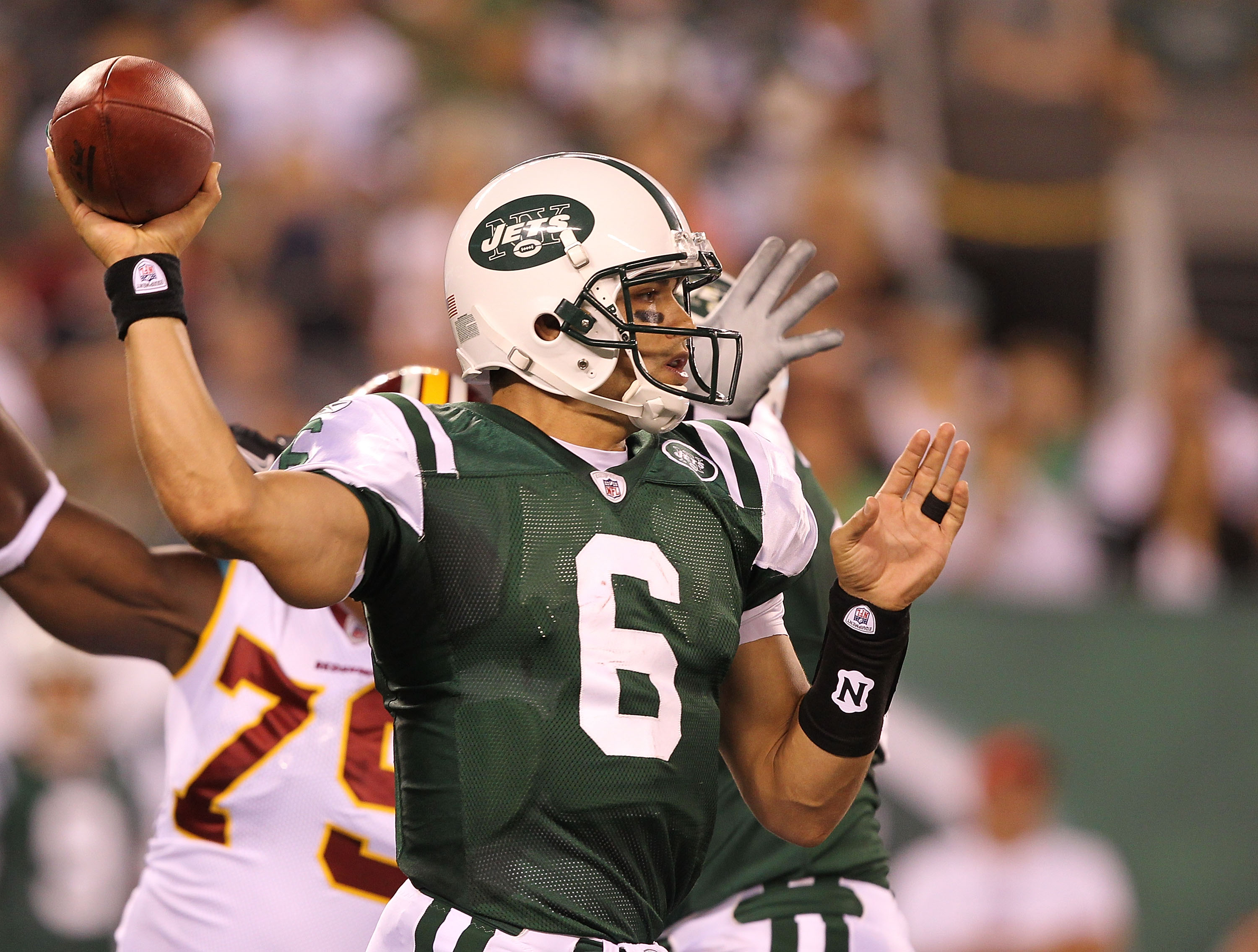 The New York Jets Mark Sanchez runs out of the pocket in the third quarter  against the Jacksonville Jaguars in week 2 of the NFL season at MetLife  Stadium in East Rutherford