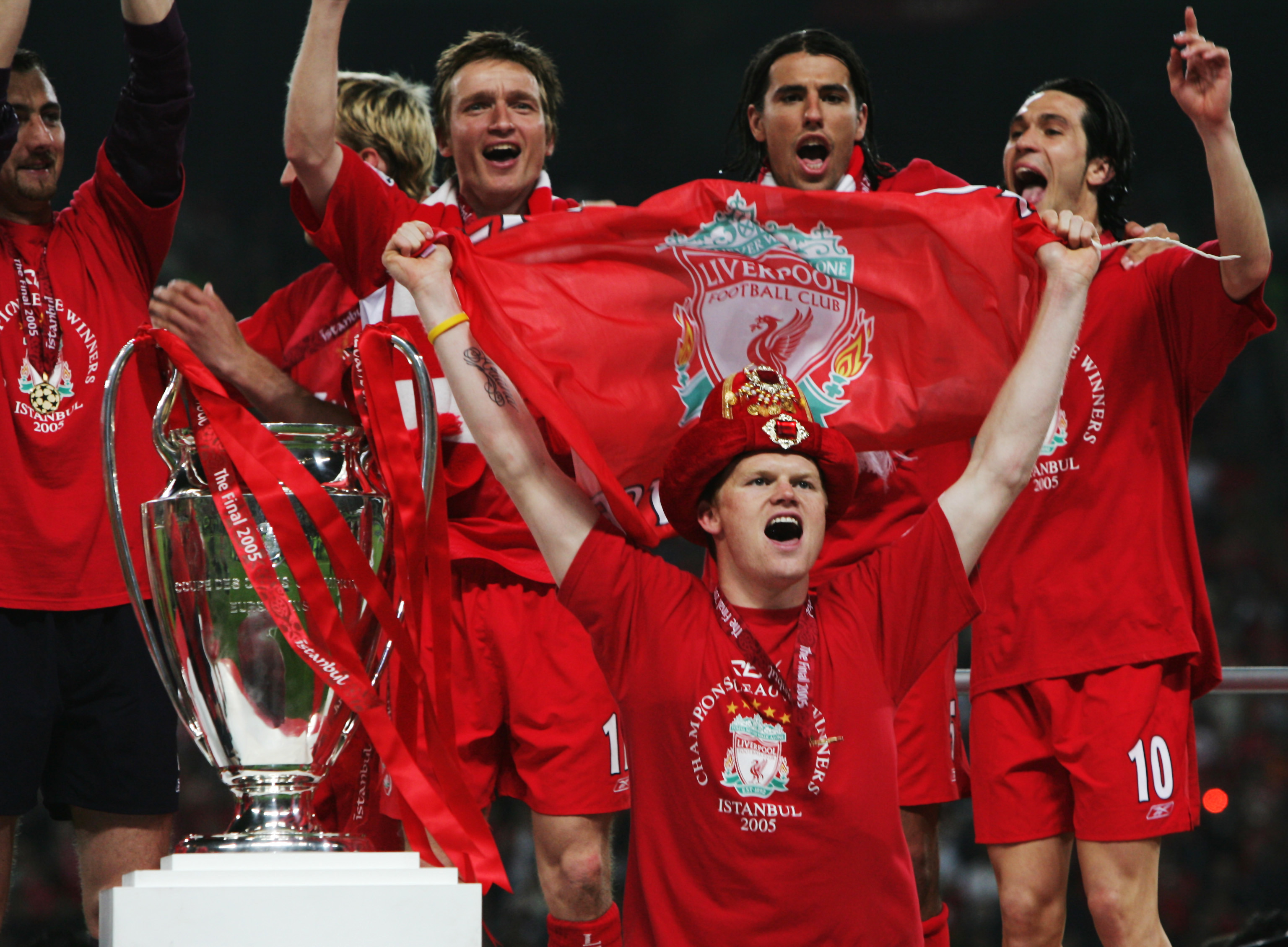 ISTANBUL, TURKEY - MAY 25:  John Arne Riise of Liverpool celebrates victory following the European Champions League final between Liverpool and AC Milan on May 25, 2005 at the Ataturk Olympic Stadium in Istanbul, Turkey.   (Photo by Clive Brunskill/Getty