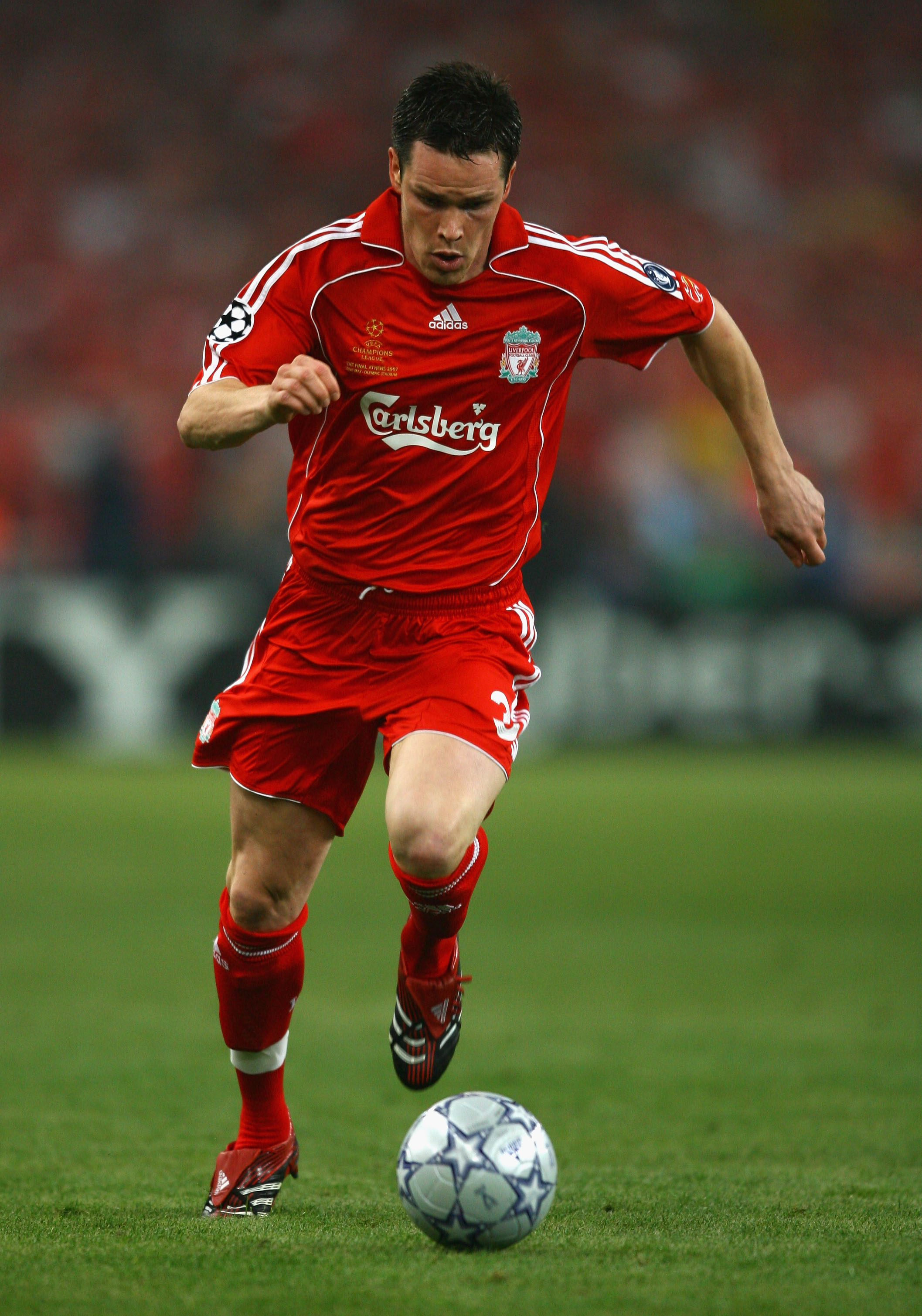 ATHENS, GREECE - MAY 23:  Steve Finnan of Liverpool runs with the ball during the UEFA Champions League Final match between Liverpool and AC Milan at the Olympic Stadium on May 23, 2007 in Athens, Greece.  (Photo by Shaun Botterill/Getty Images)