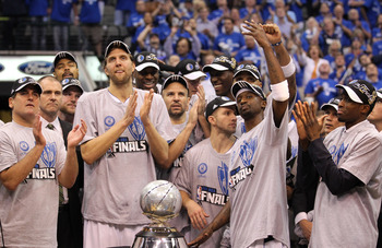 DALLAS, TX - MAY 25:  The Dallas Mavericks celebrate their 100-96 victory against the Oklahoma City Thunder in Game Five of the Western Conference Finals during the 2011 NBA Playoffs at American Airlines Center on May 25, 2011 in Dallas, Texas. NOTE TO US